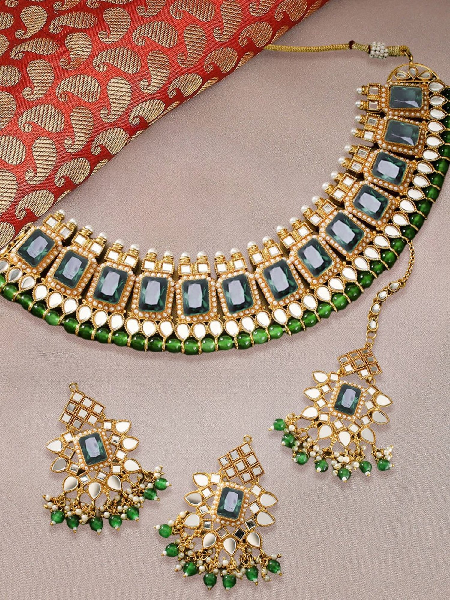 OOMPH Green Stone & Kundan Heavy Pearl Choker Necklace Set with Drop Earrings & Maangtikka