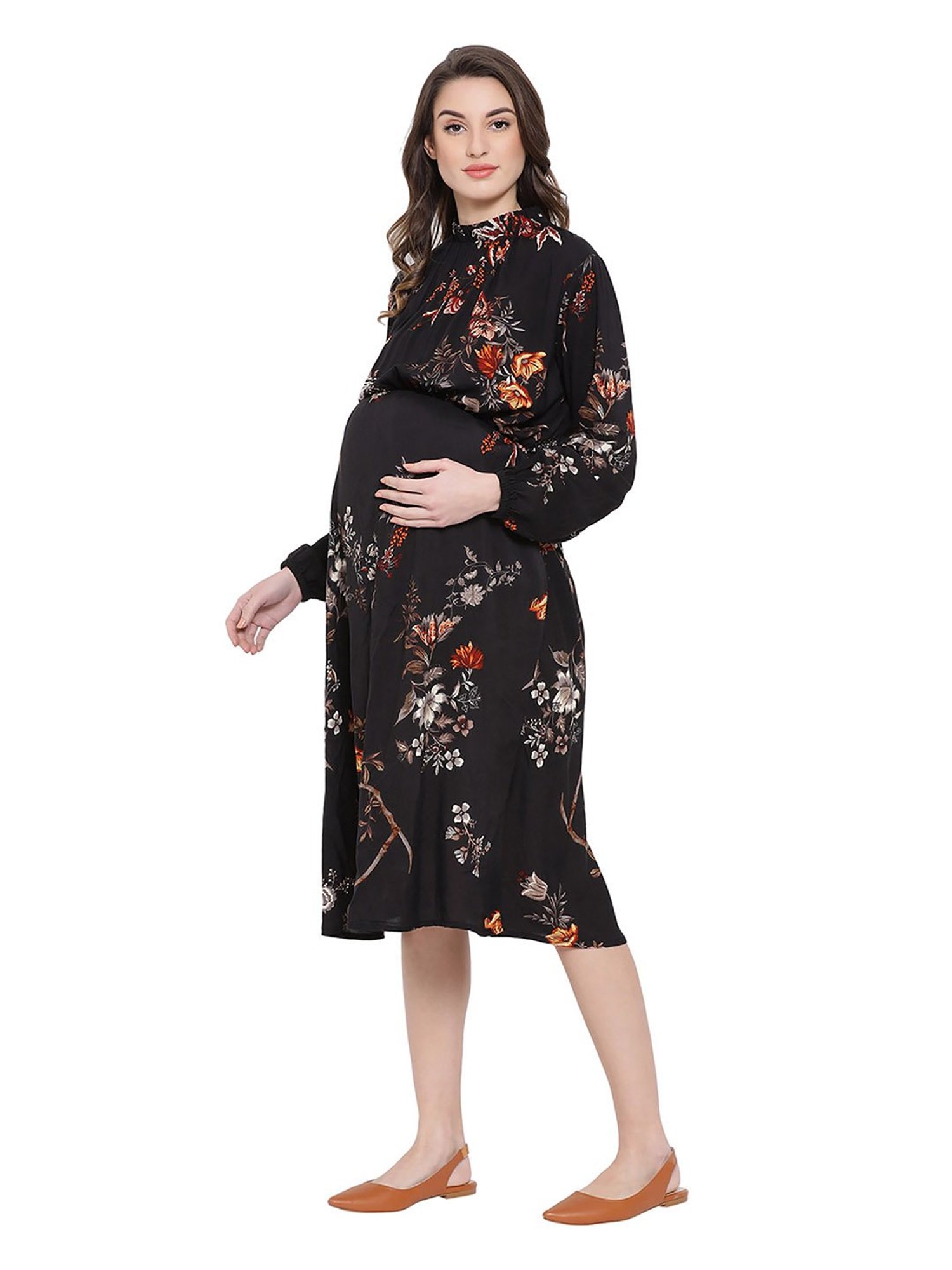 Oxolloxo Black Floral Print Enigma Docile Maternity Dress