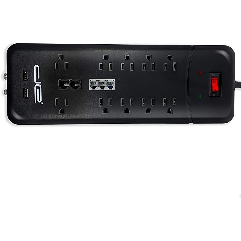 25FT Heavy Duty 10Outlet 3500 Joules Surge Protector Power Strip 25 Foot Long Extension Cord Two USB Charging Ports Coaxial Phone Protection ETL Listed 15 AMP Black