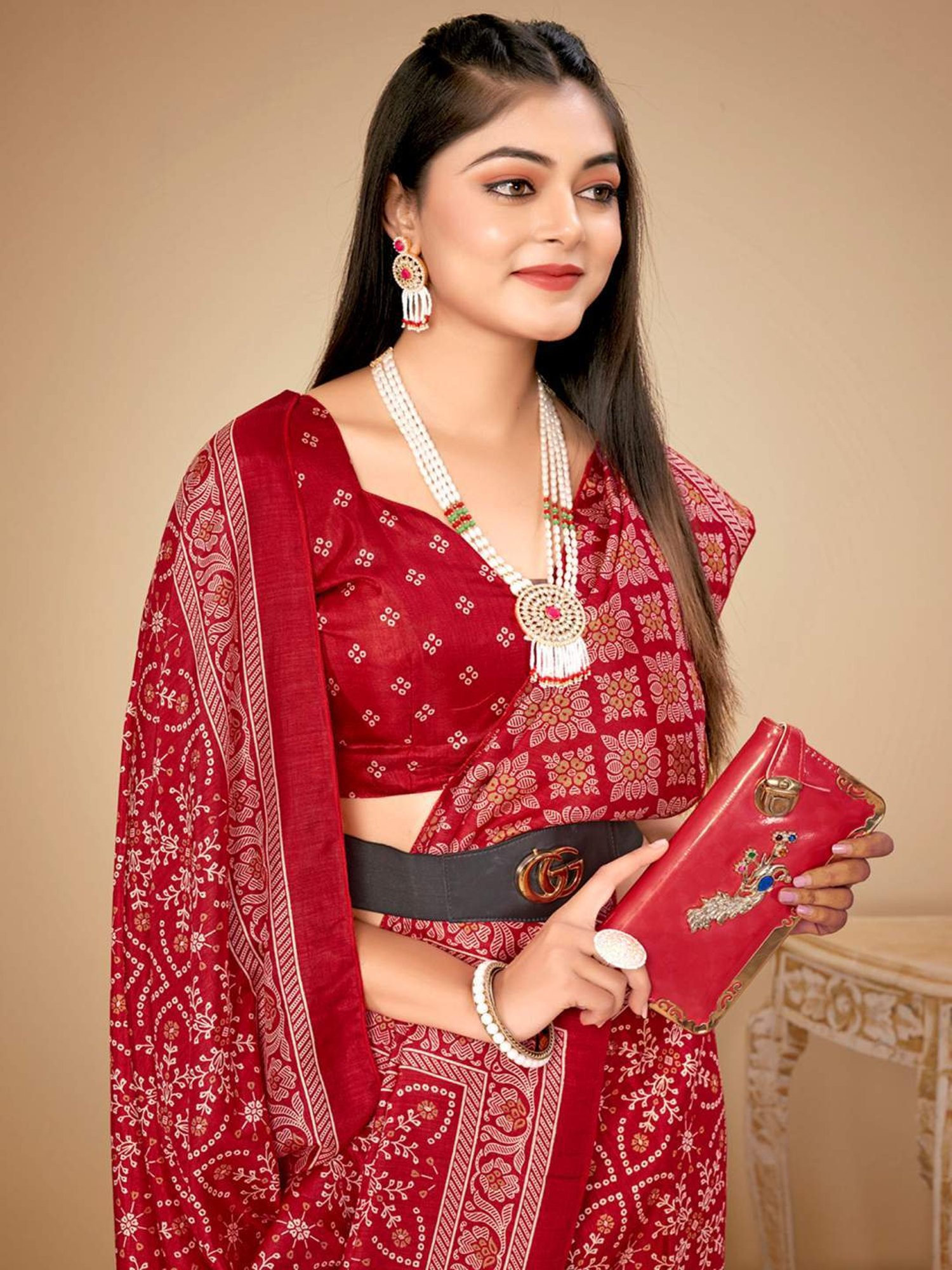 Saree Mall Red Silk Printed Saree With Unstitched Blouse