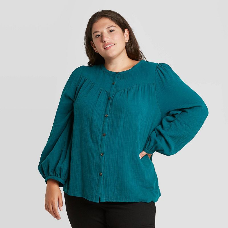 Women's Puff Long Sleeve Button-Front Blouse - Universal Thread™ Teal XXL