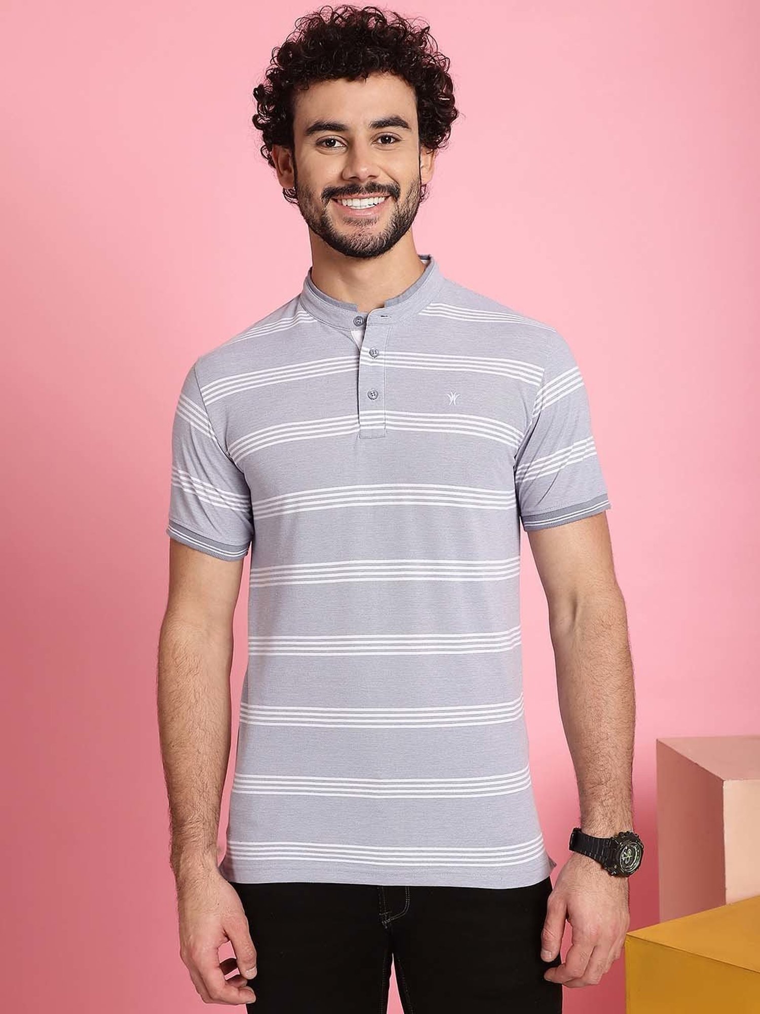 Venitian- Forbidden Clothing Grey Slim Fit Striped Crew T-Shirt