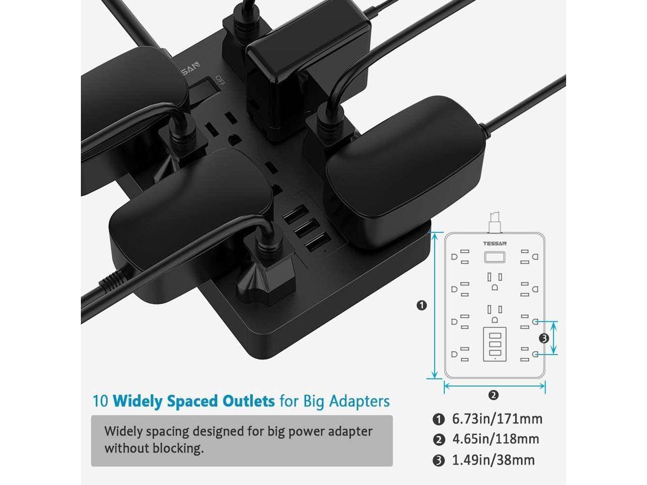Power Strip, TESSAN Mountable Extension Cord with 3 USB Charger, 10 Widely Spaced AC Outlets, 1875W/15A 4FT Cord, Built-in Security Module Safeguard Home and Office Devices, Black