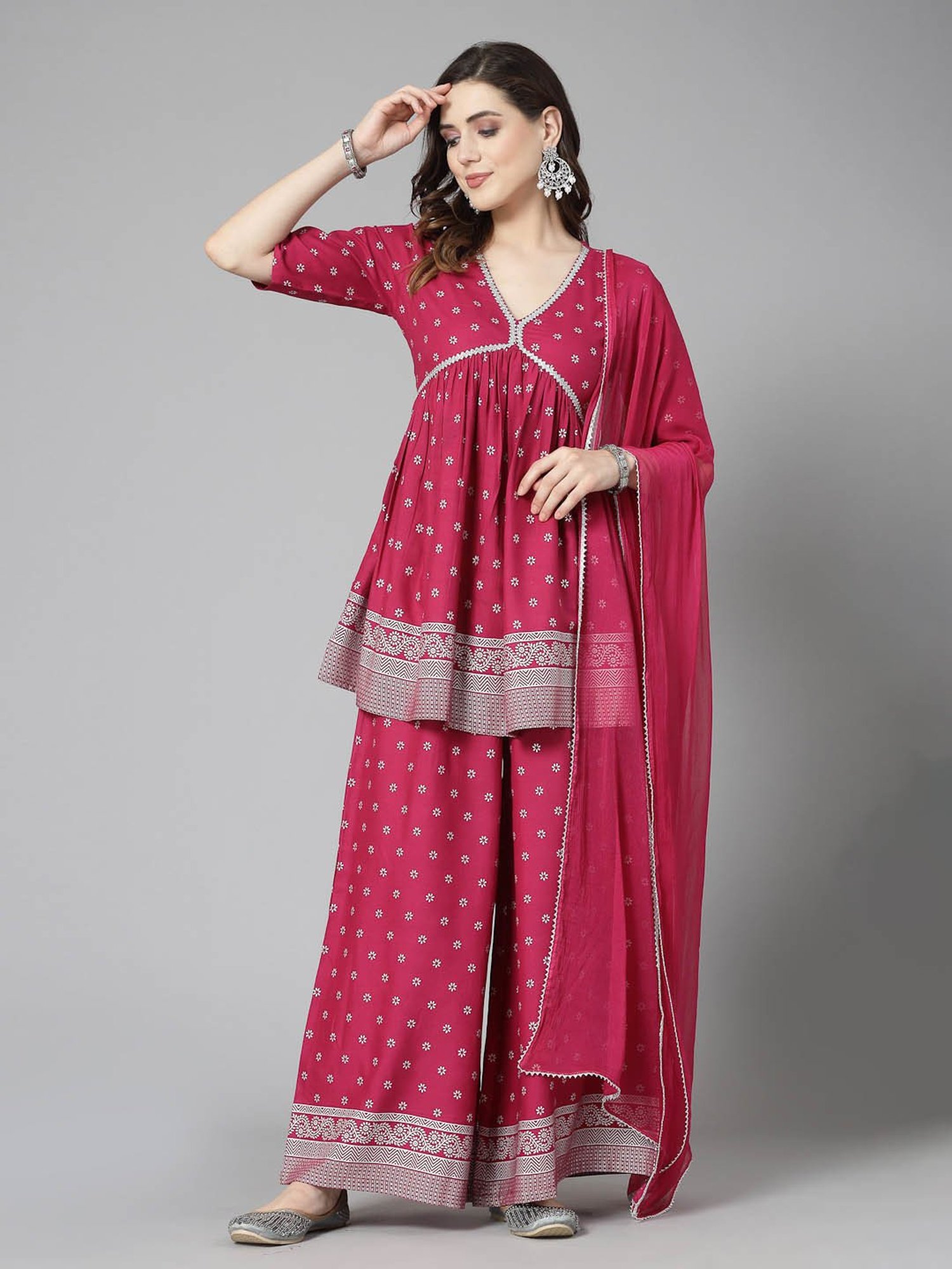 Stylum Purple Rayon Floral Print Kurta With Palazzo & Dupatta