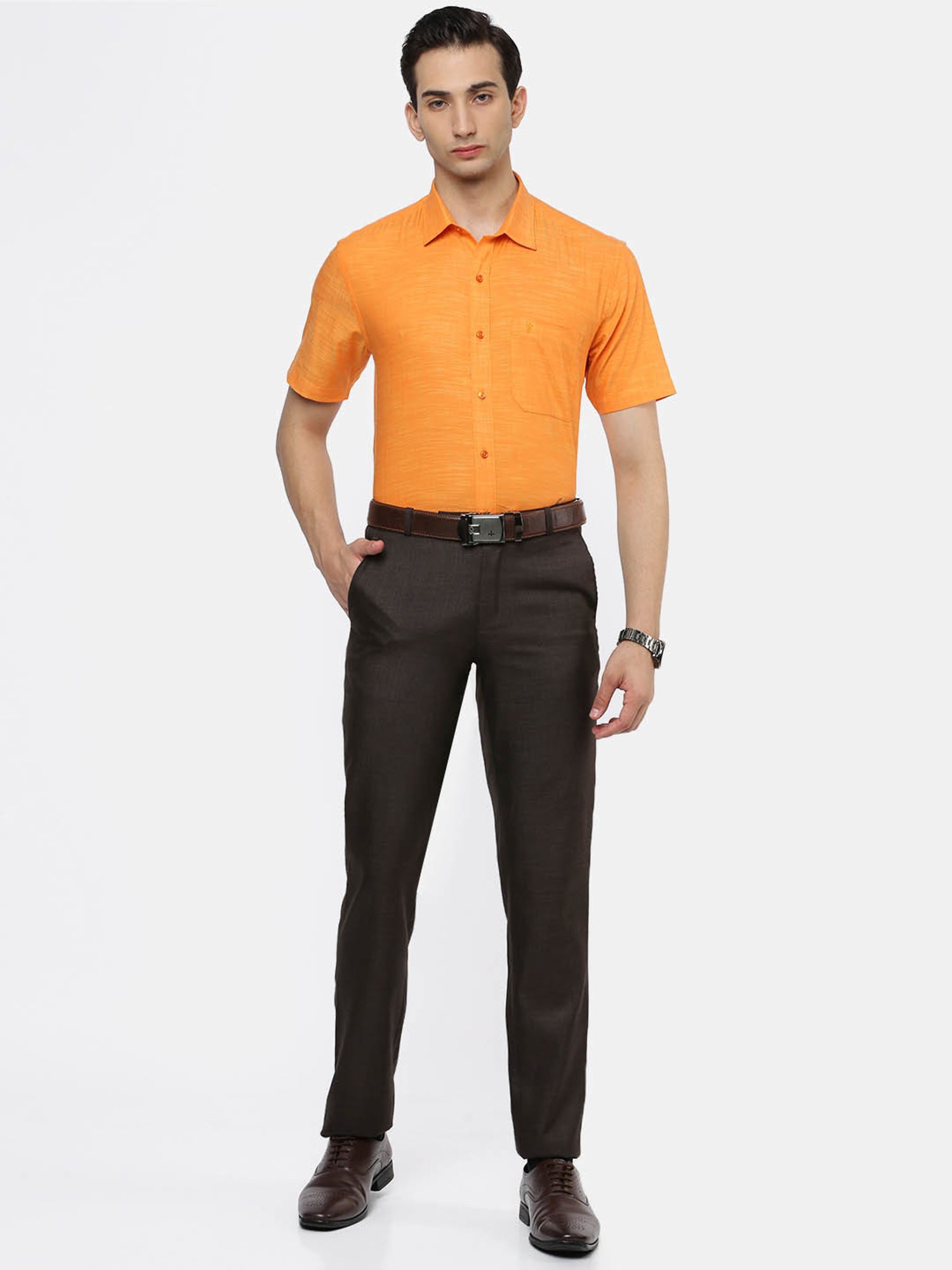 Ramraj Orange Cotton Slim Fit Self Pattern Shirt