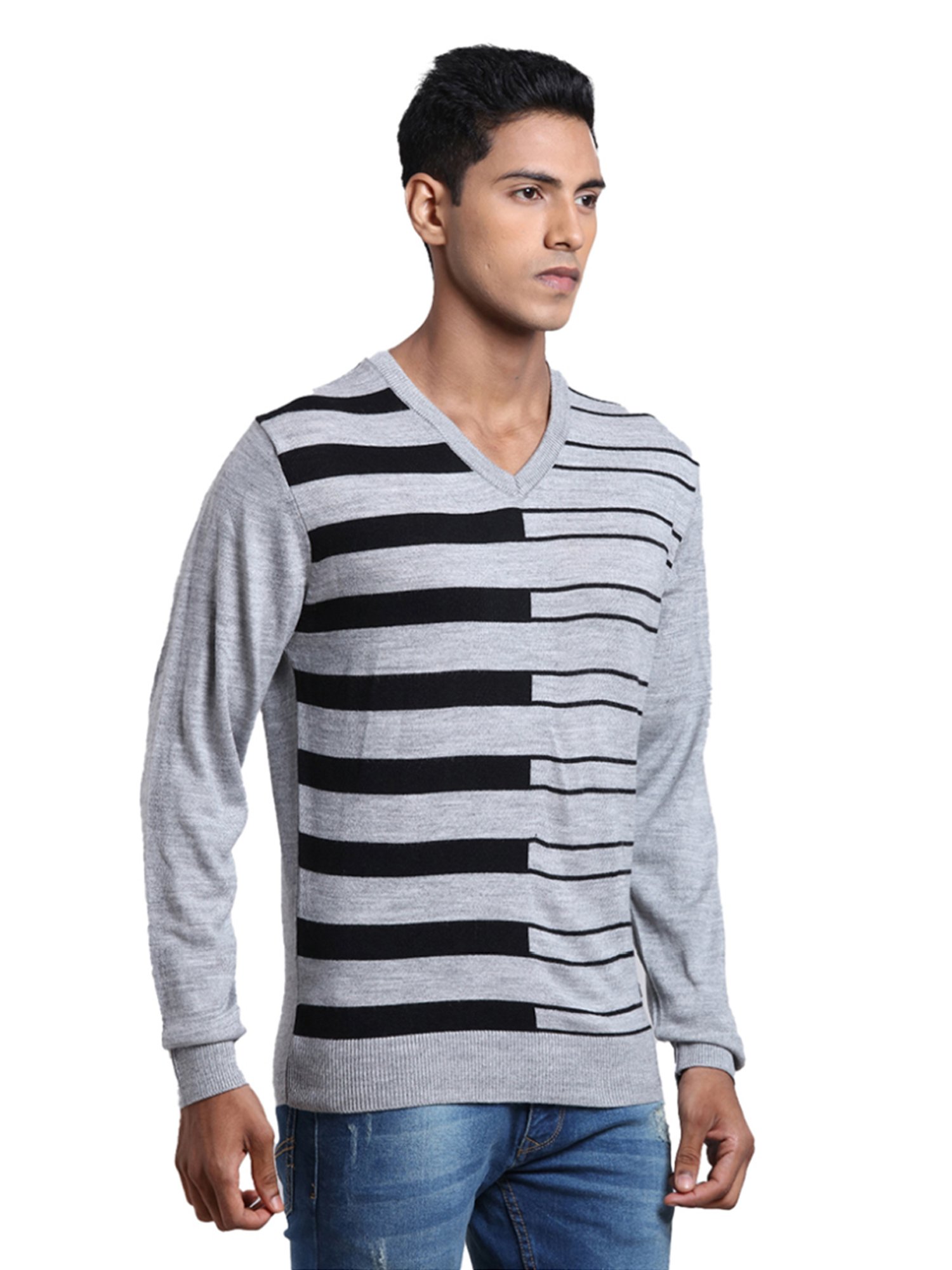 Parx Grey Regular Fit Striped Sweater