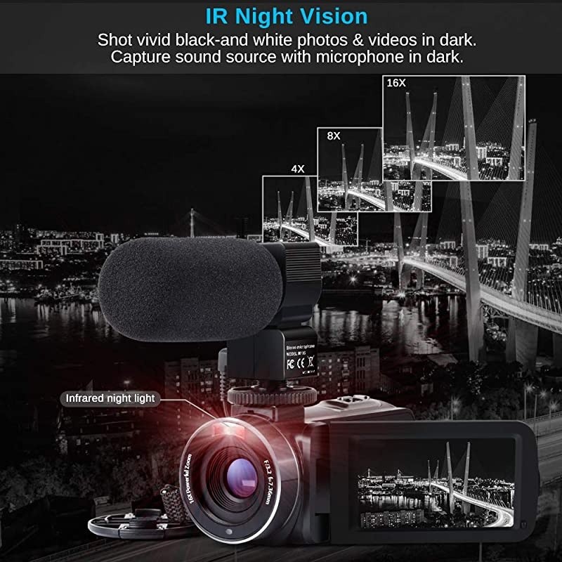 Camera Camcorder WiFi IR Night Vision FHD 1080P 30FPS YouTube Vlogging Camera Recorder 26MP 3.0'' Touch Screen 16X Digital Zoom Camcorder with Microphone,Remote and 2 Batteries