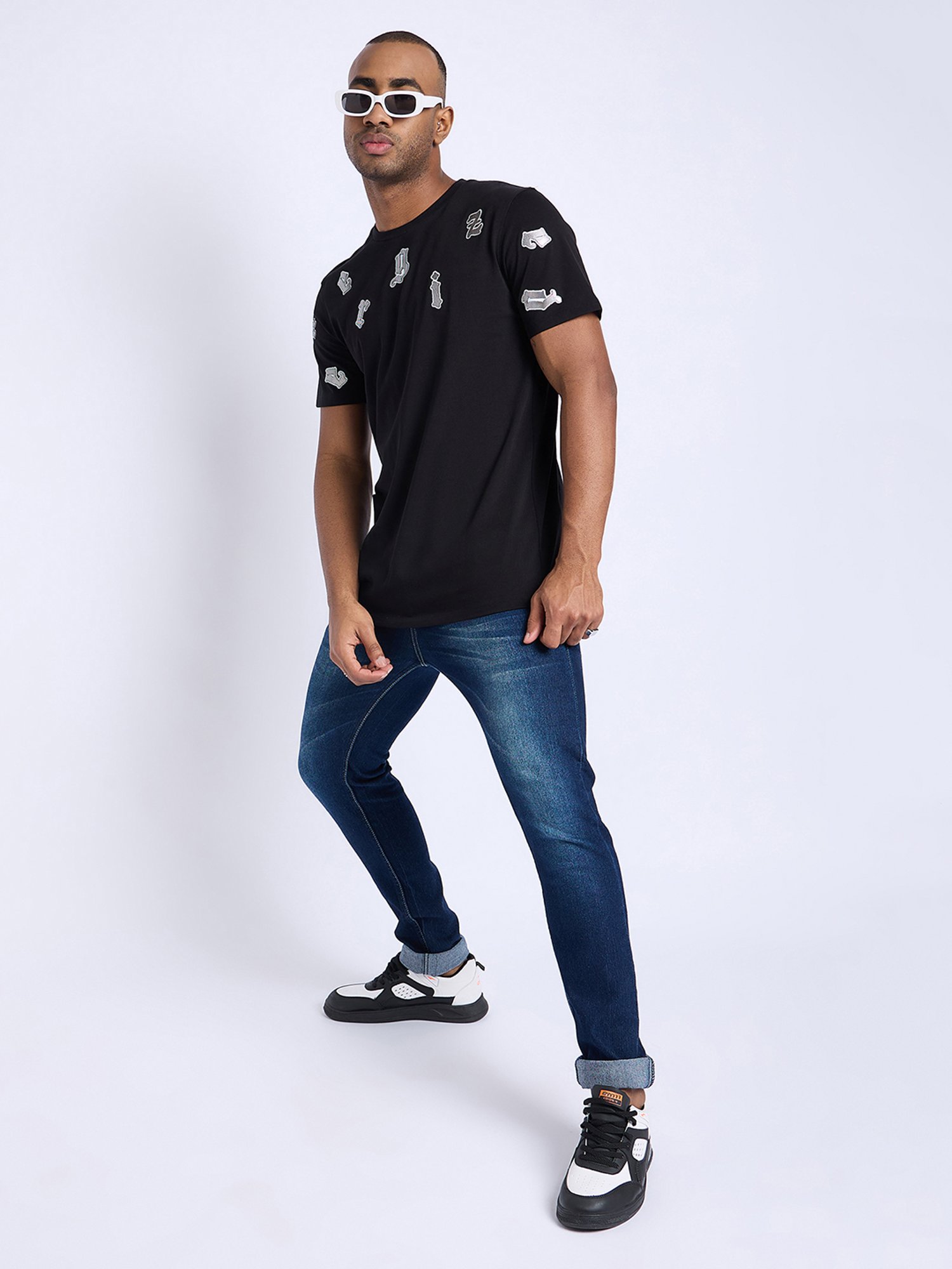 EDRIO Black Regular Fit Printed Crew T-Shirt