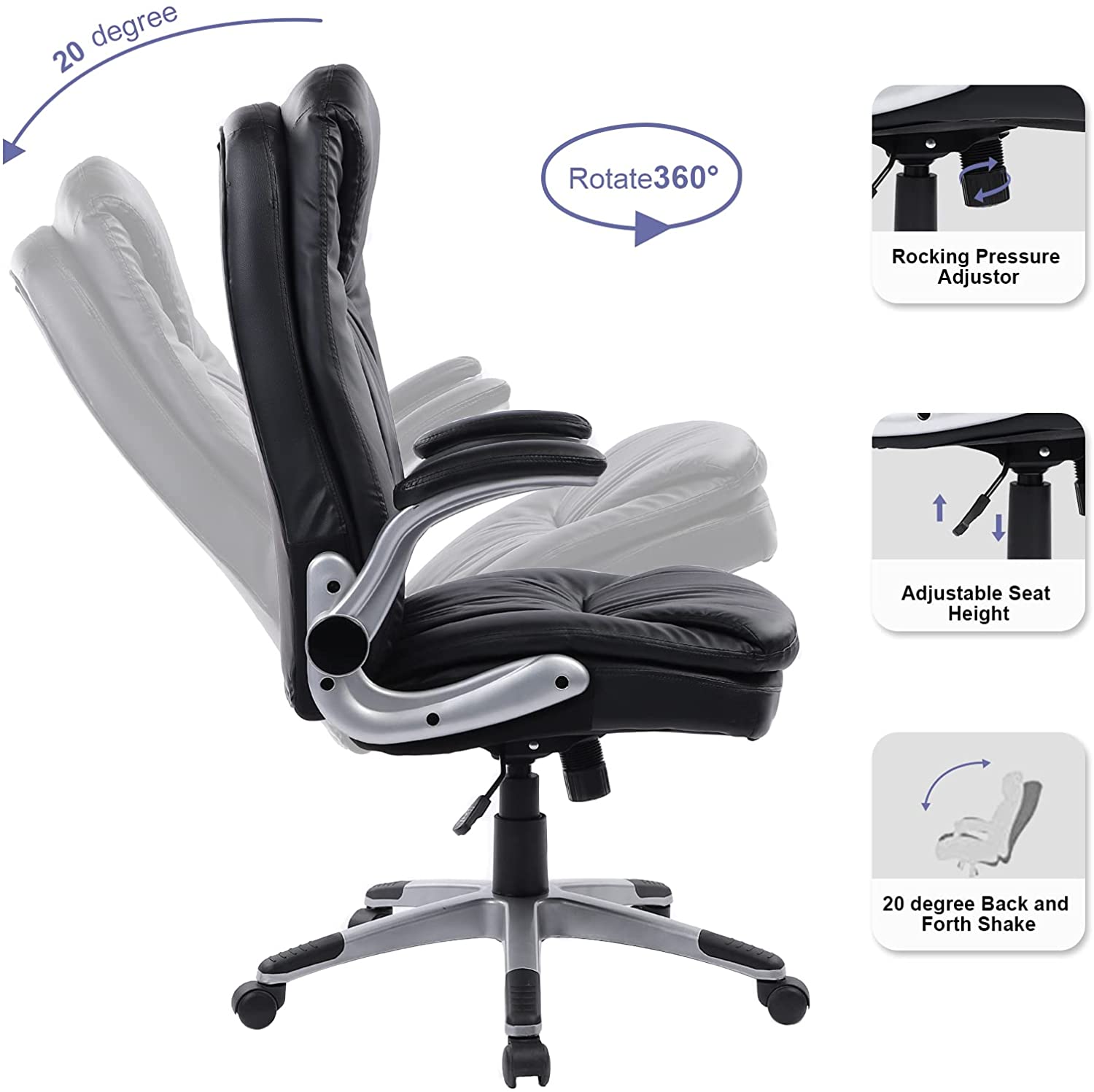 Executive Office Chair Ergonomic Leather Desk Chair with Flip-up Arms Double Padded Seat Cushion and Adjustable Tilt Angle Lumbar Support Office Chair for Home Office Work(9173 Black)