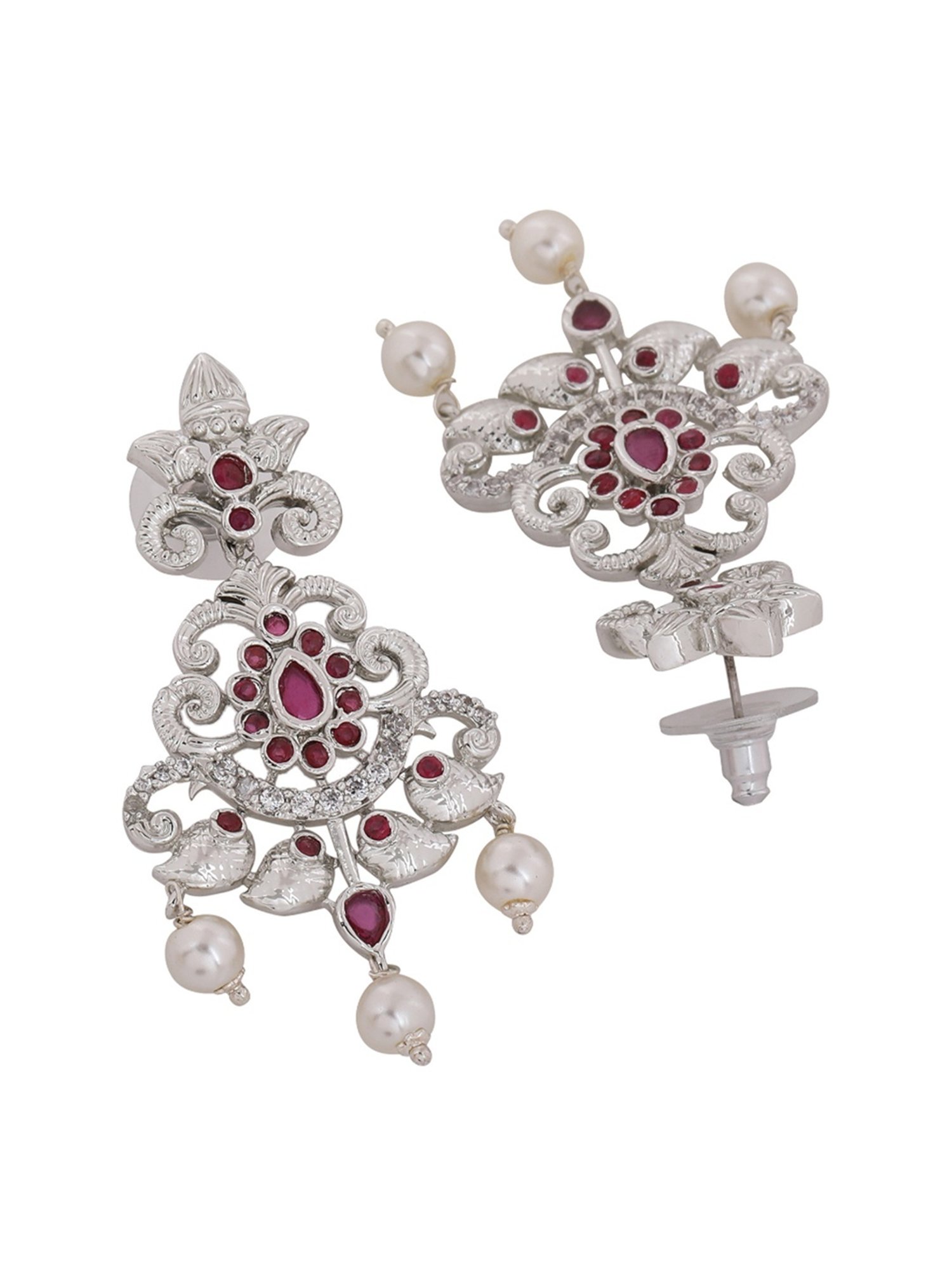 Estele Rhodium-Plated CZ Swirling Symphony Pearl & Crystals Dangler Earrings