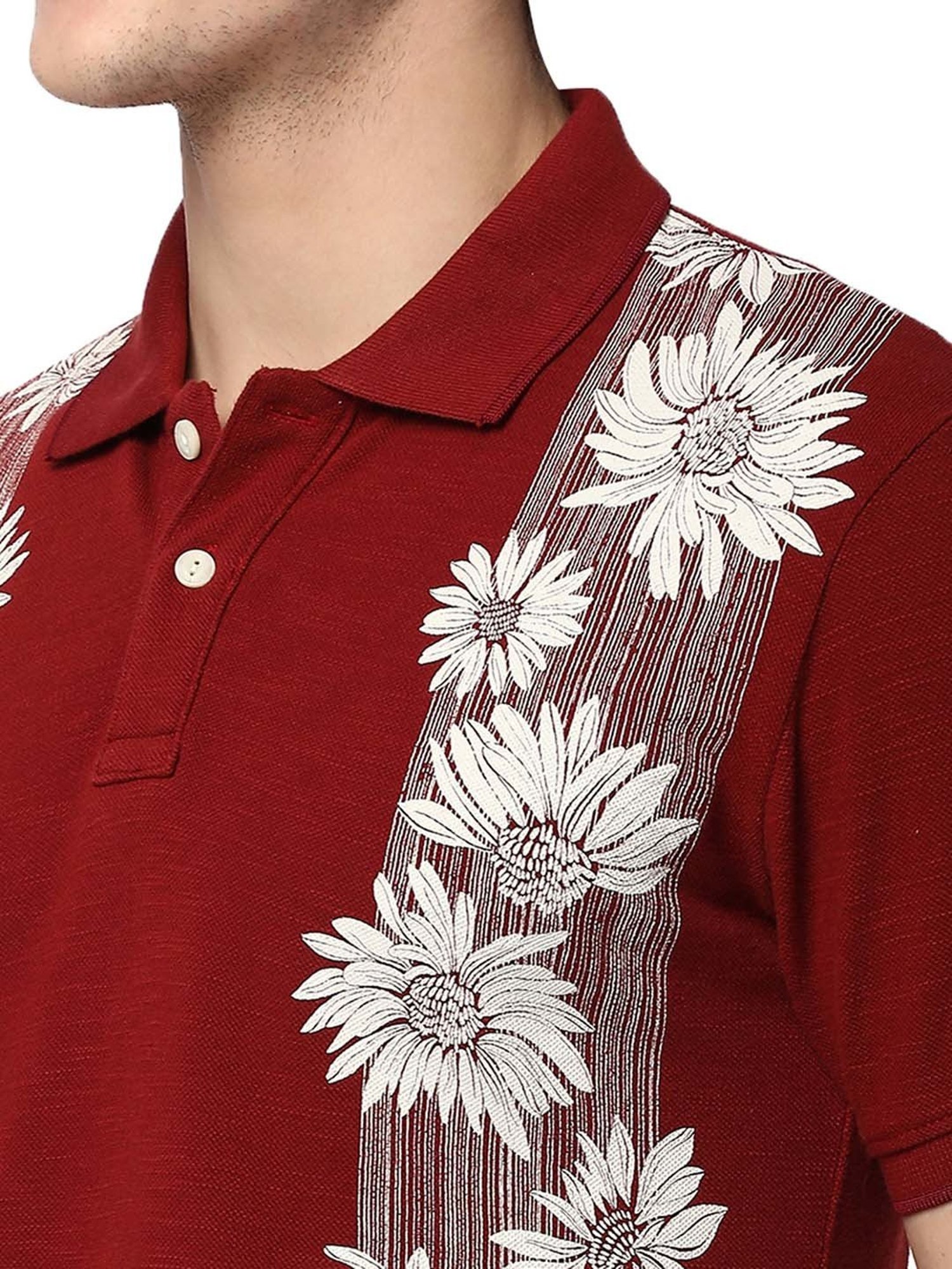 Mufti Dark Rust Slim Fit Floral Print Cotton Polo T-Shirt