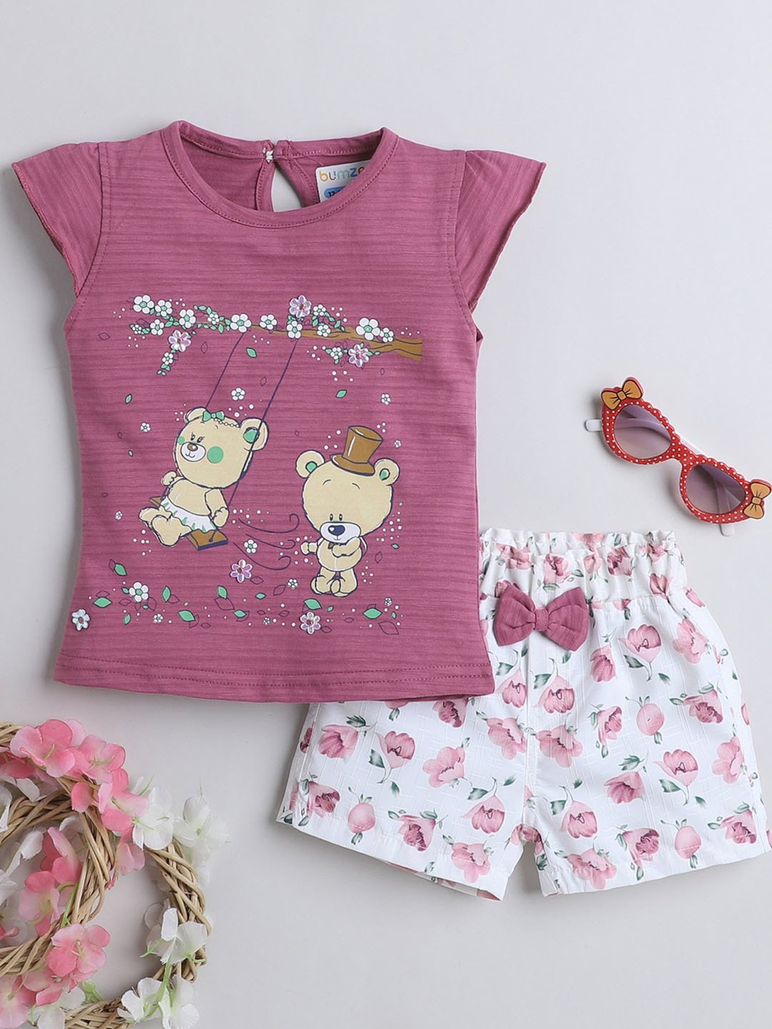 Bumzee Kids Mauve & White Printed Top with Shorts