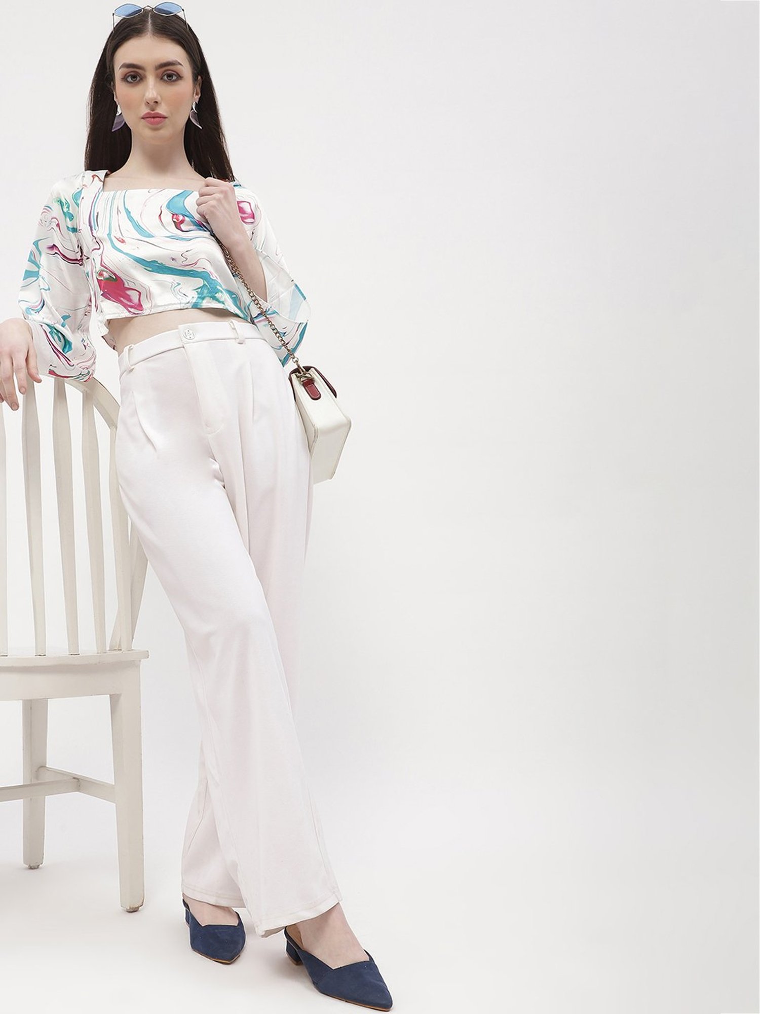 MADAME Off White & Blue Printed Crop Top