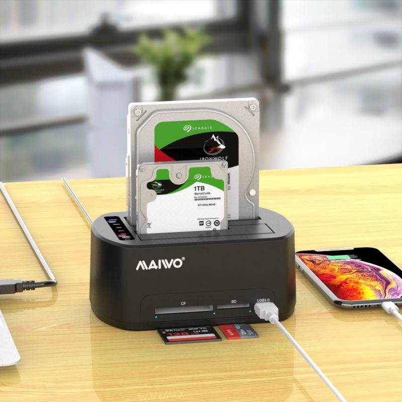 MAIWO Hard Drive Base Usb3.0 External Reading 3.5-Inch Dual Disk Duplicator Serial Mechanical Solid State Drive Box Hard Drive Duplicator With Cf&Sd Card Reader-K3062Cr