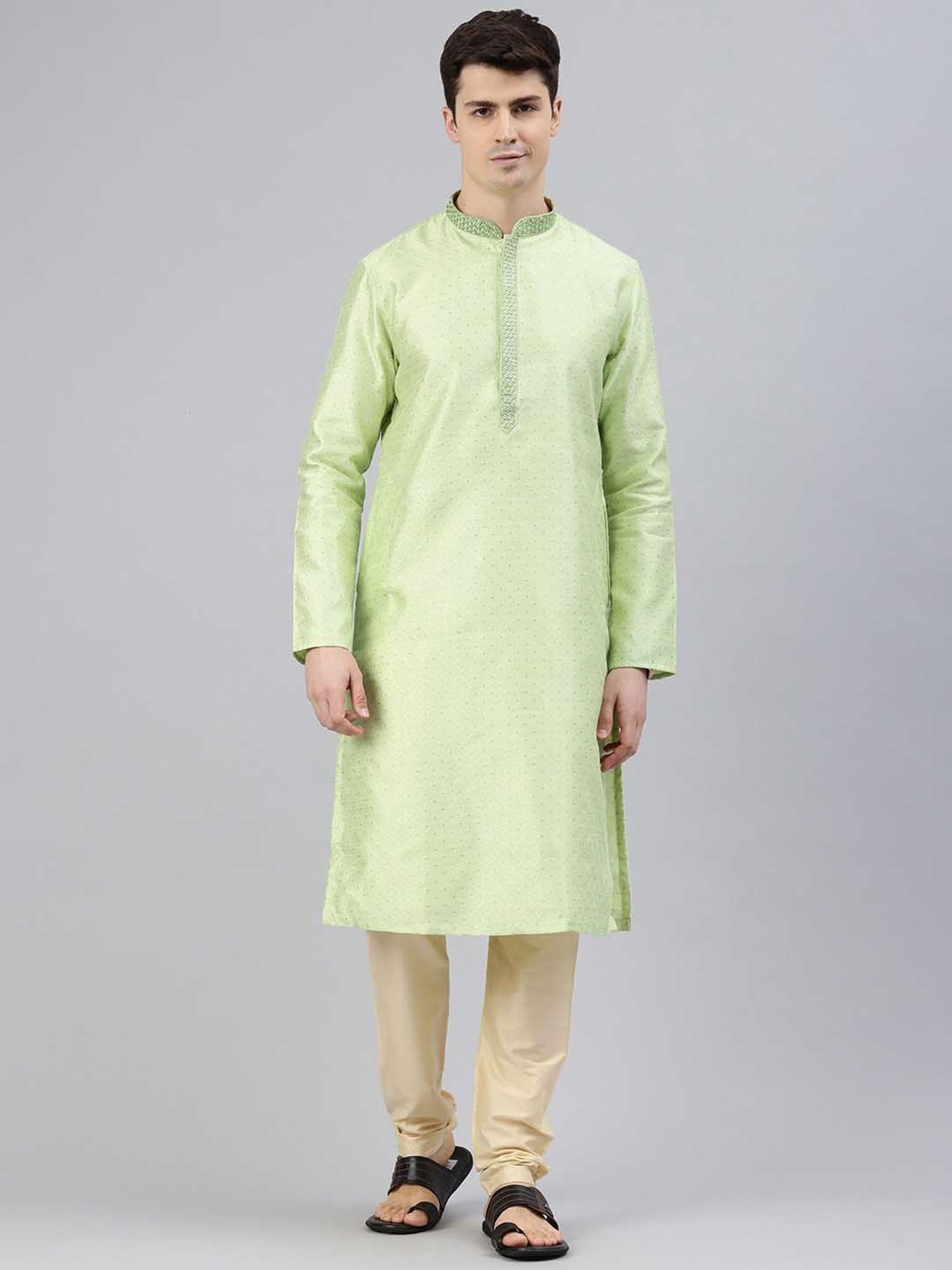 Manthan Light Green & Cream Regular Fit Self Design Kurta & Pyjamas Set