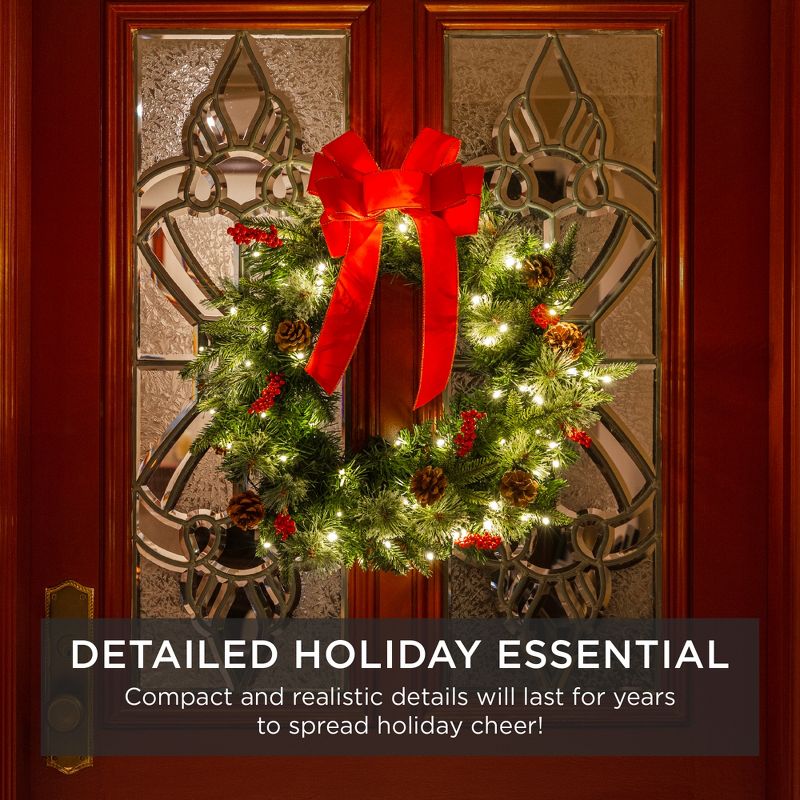 Best Choice Products 24in Pre-Lit Battery Powered Christmas Wreath Decoration w/ 70 Lights, 96 PVC Tips, Ribbons
