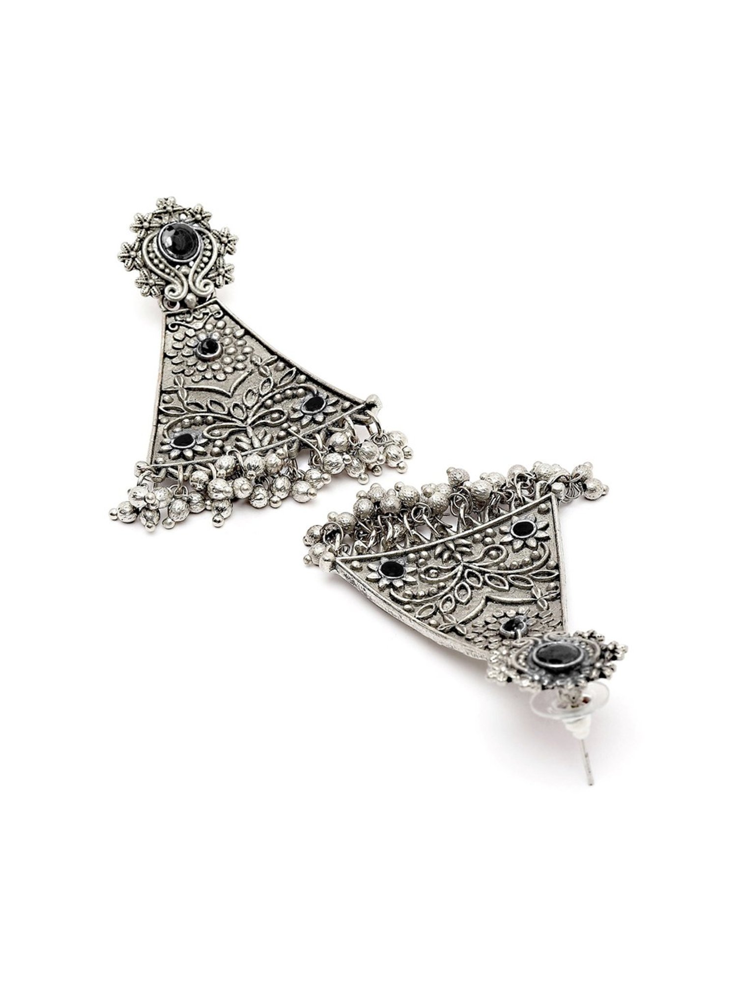 Karatcart Oxidised Silver Black Stone Floral Design Drop Earring for Women