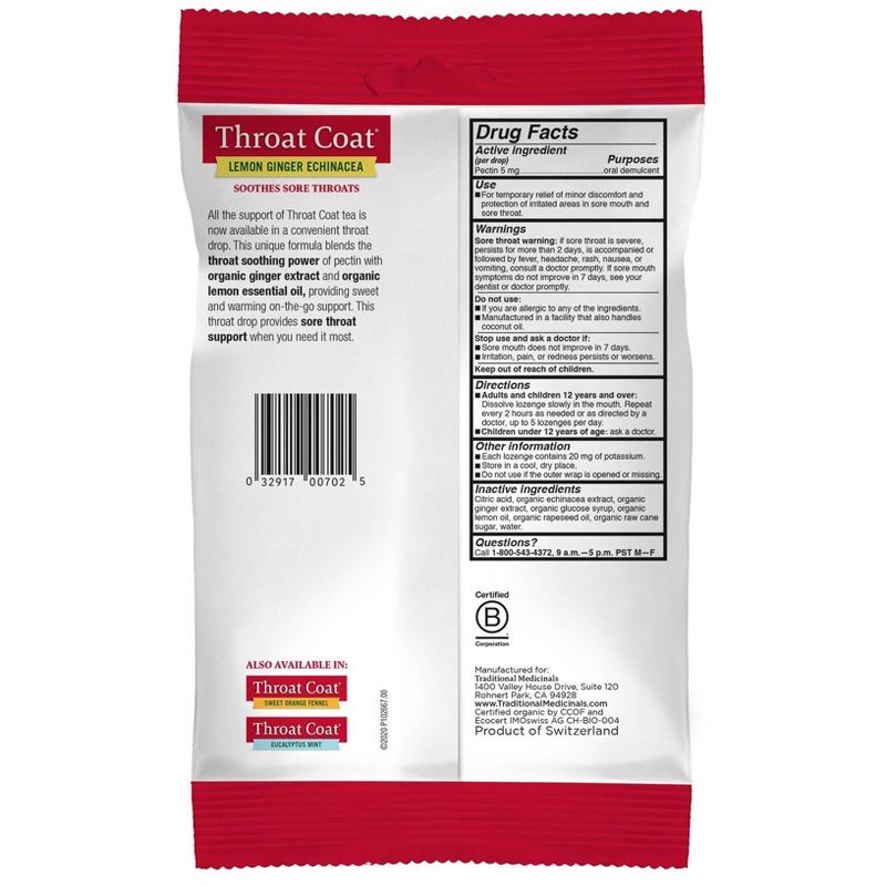 Traditional Medicinals Throat Coat Lemon Ginger Echinacea Lozenges - 2pk/16ct