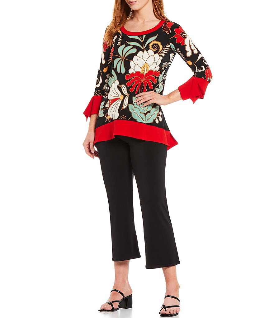 Eva Varro Contrast Trim Floral Print Knit 3/4 Flutter Sleeve Hi-Low Tunic