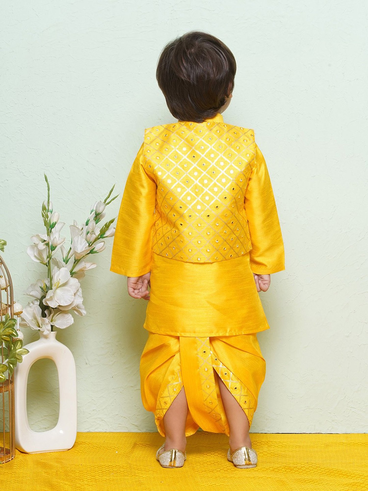 AJ Dezines Kids Mustard Embellished Full Sleeves Kurta, Dhoti with Waistcoat
