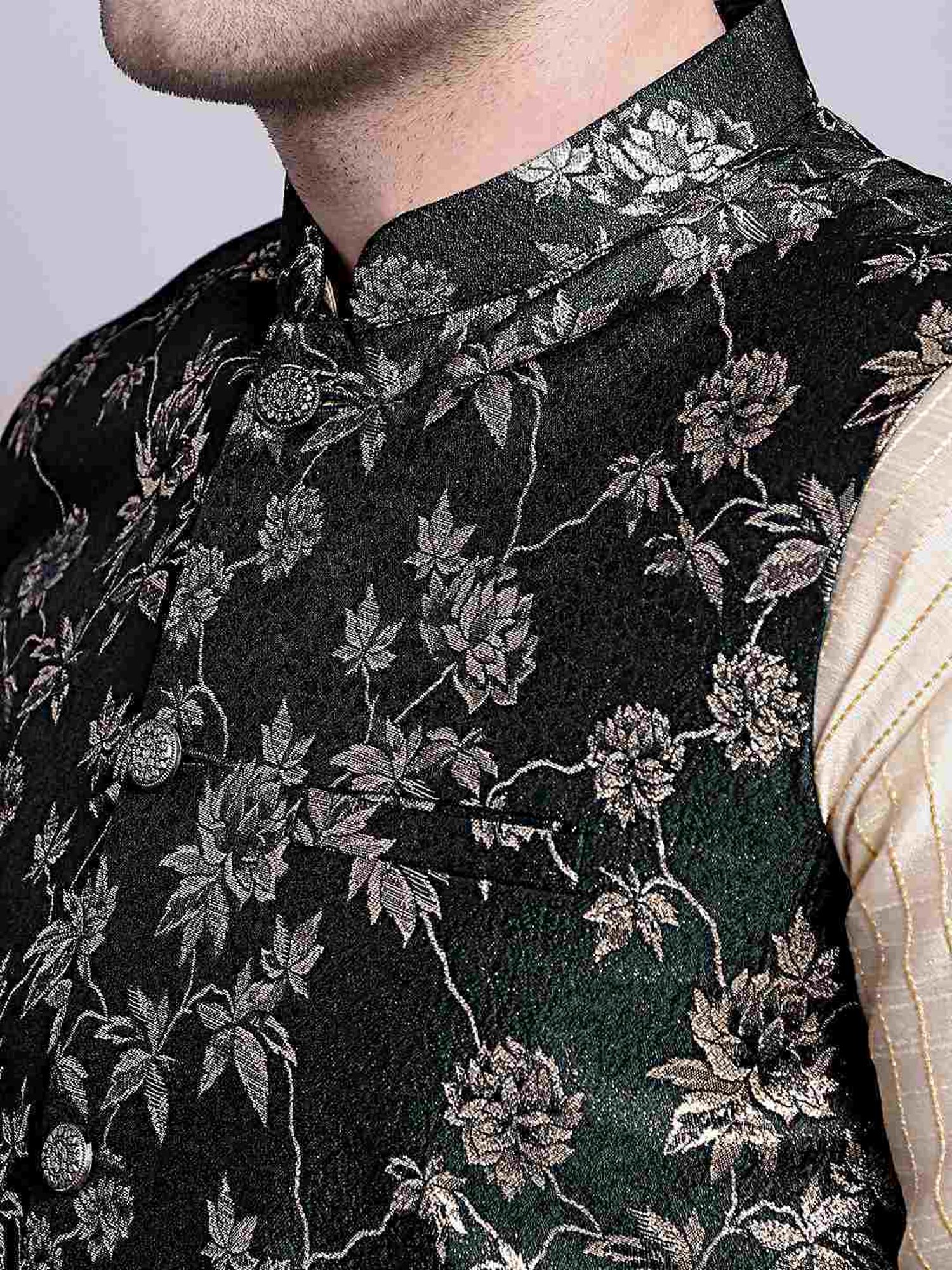 Jompers Dark Olive Regular Fit Printed Nehru Jacket