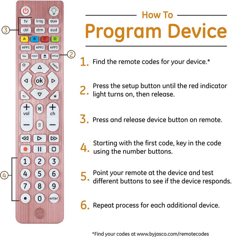 GE 6-Device Backlit Universal Remote Control for Samsung, Vizio, Lg, Sony, Sharp, Roku, Apple TV, Smart TVs, Streaming Players, Blu-Ray, DVD, Master Volume Control, Rose, 47505
