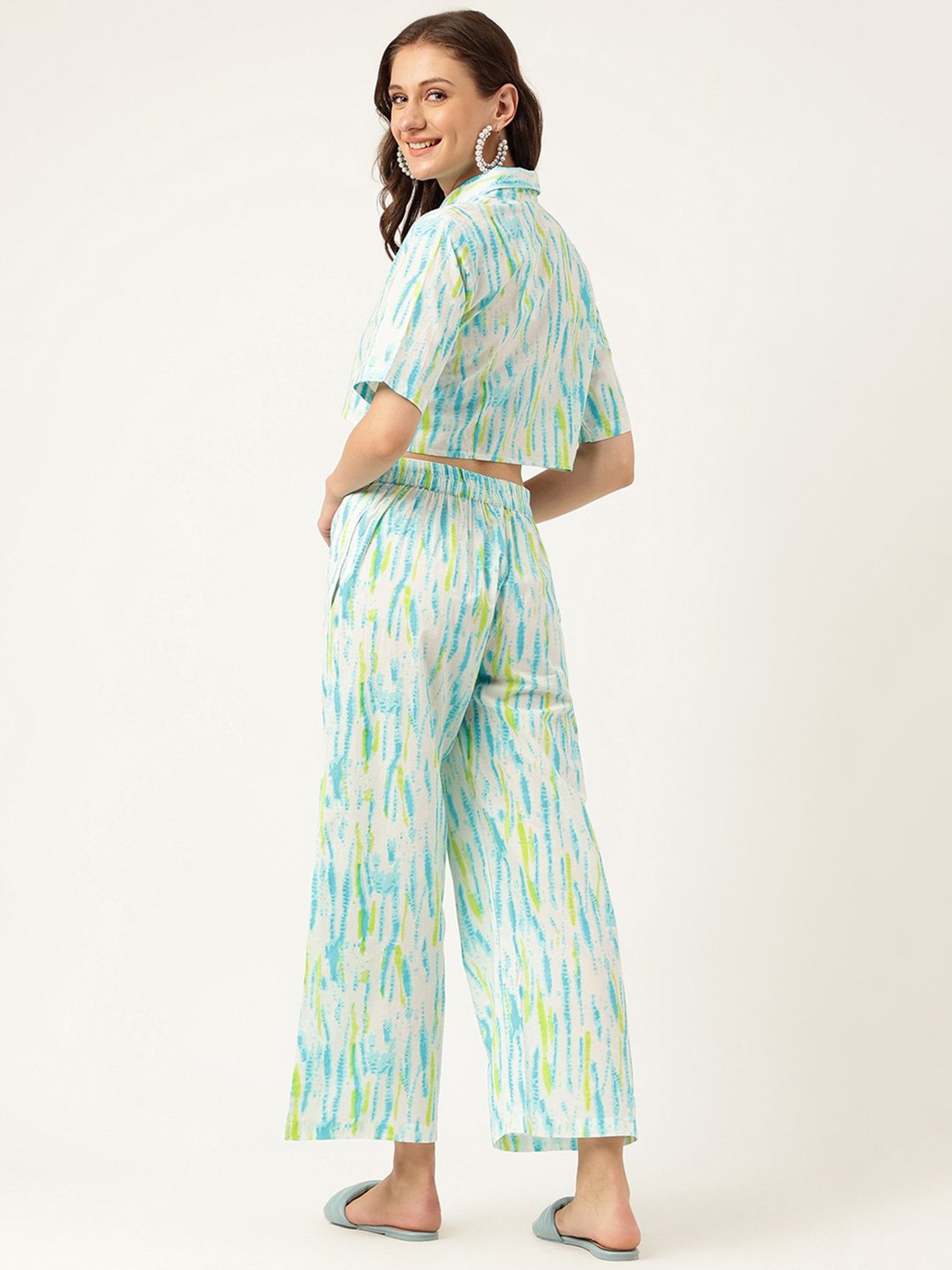 Divena White Cotton Tie Dye Crop Shirt With Pants