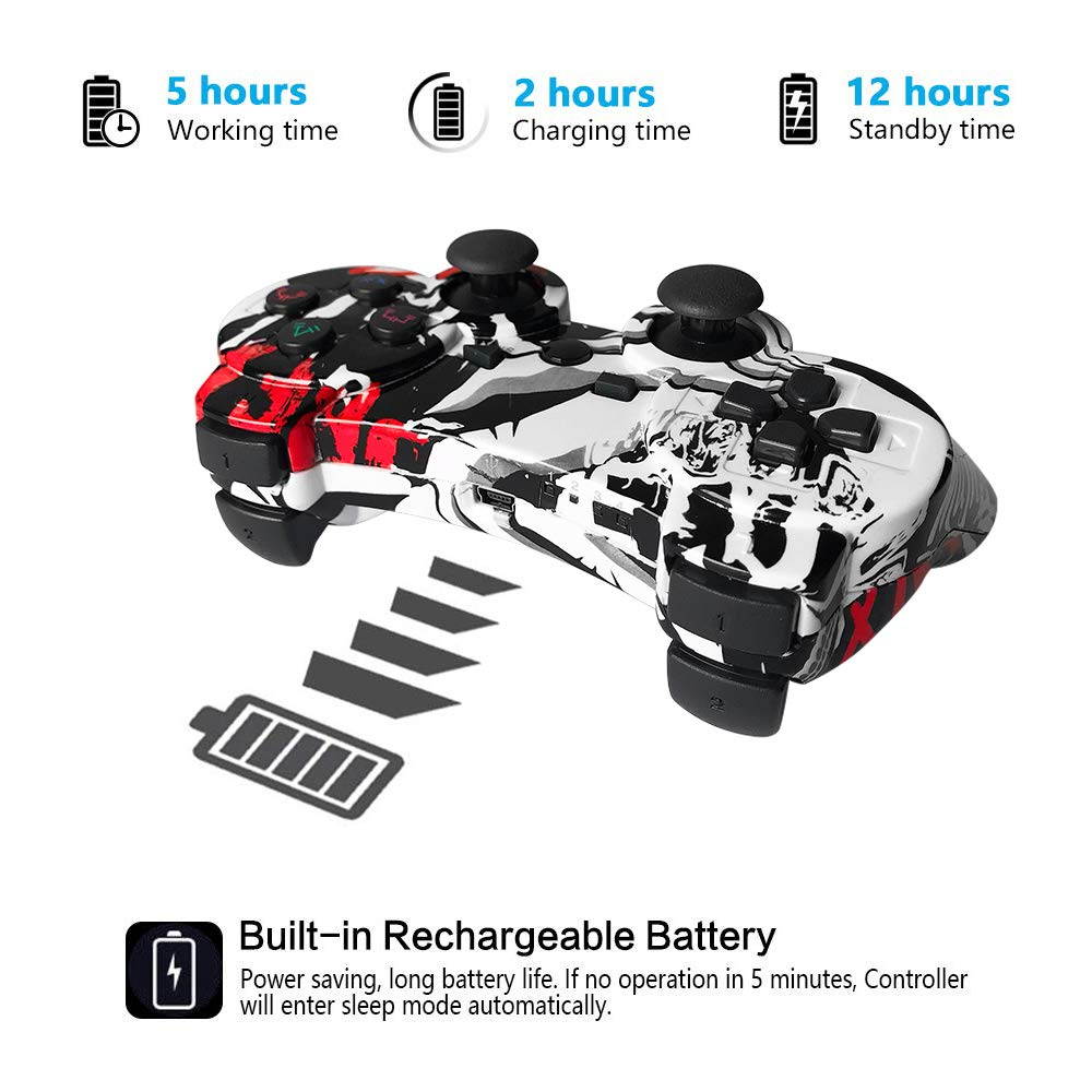 CHENGDAO PS3 Controller Wireless Dual Shock Gamepad for Sony Playstation 3 with Charging Cord (red skull)
