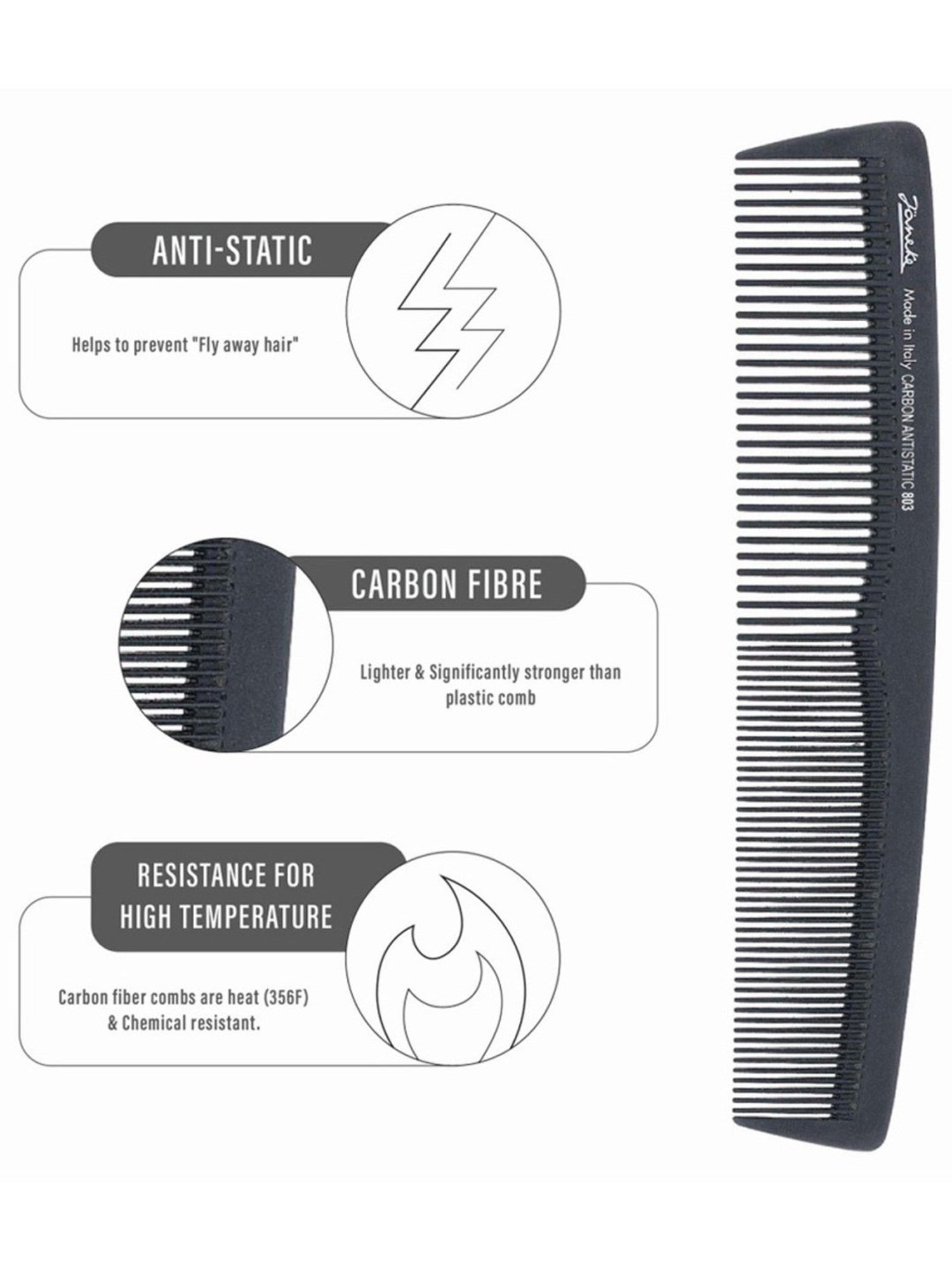 Janeke 1830 Professional Carbon Anti-Static Hair Comb - 20 cm