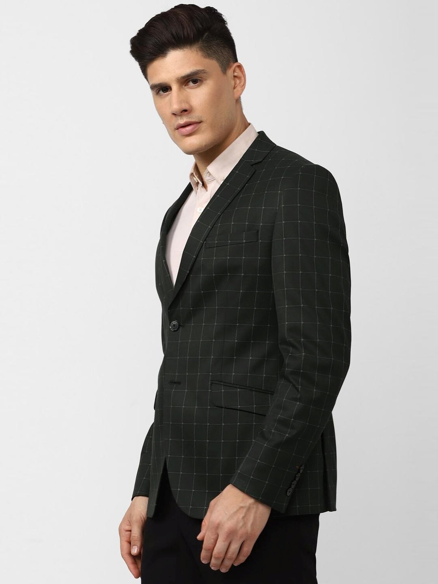 V Dot Black Skinny Fit Checks Blazer