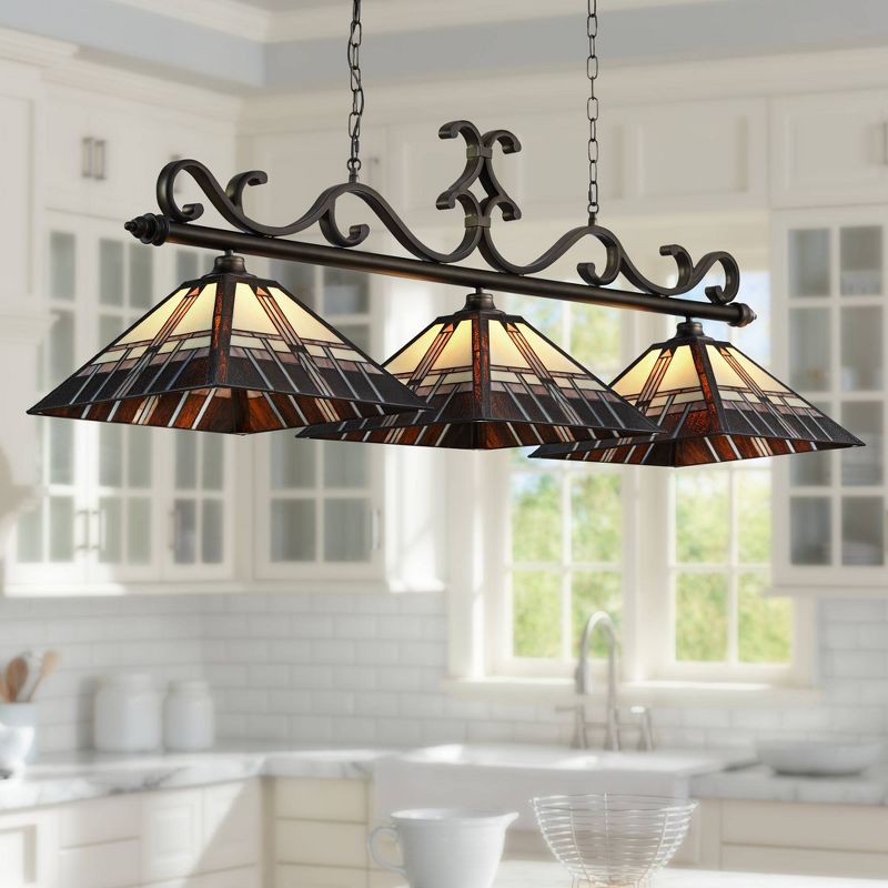 Robert Louis Tiffany Bronze Linear Island Pendant Chandelier 56" Wide Tiffany Style Alfred Art Glass 3-Light Fixture for Kitchen