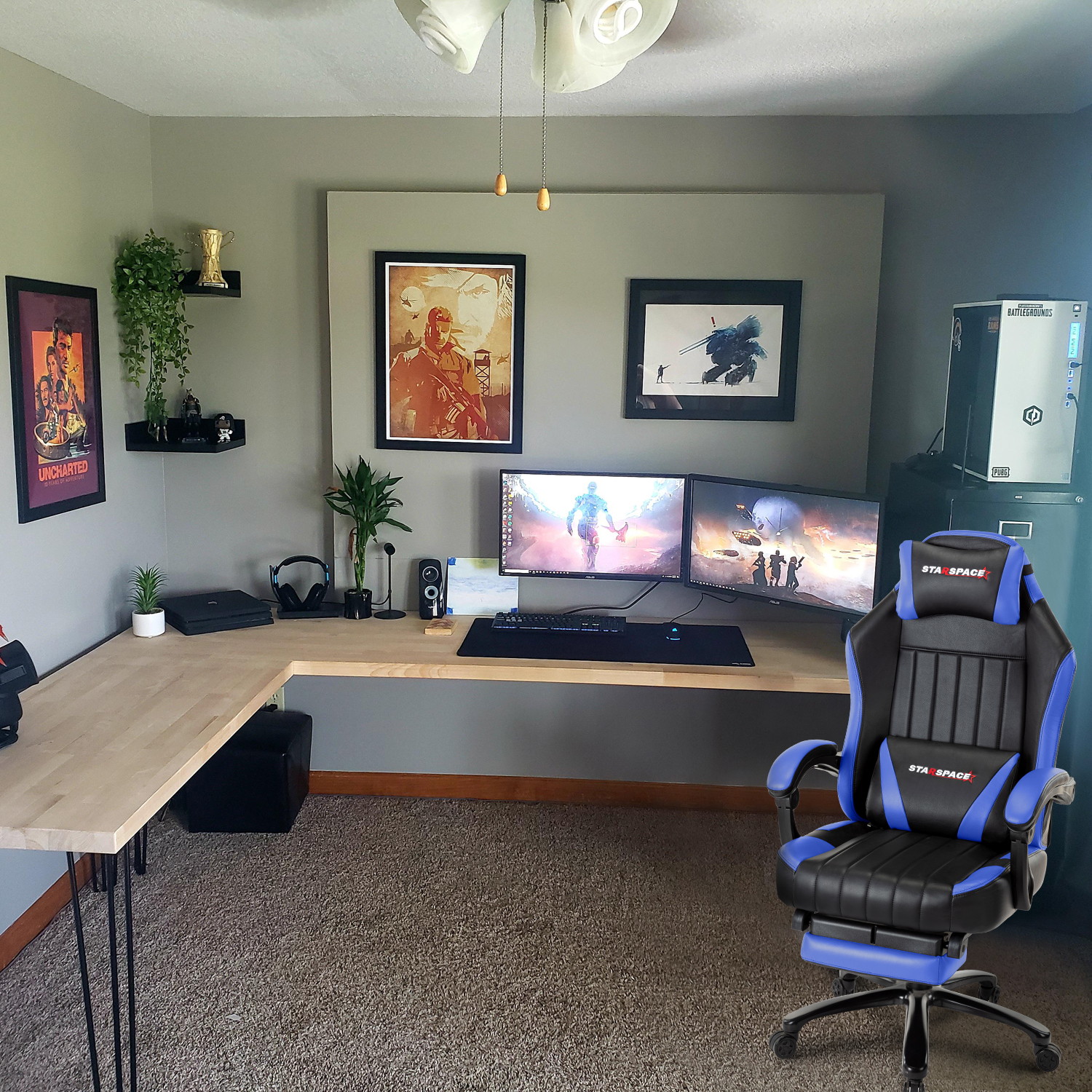 STRASPACE Big & Tall 400lb Memory Foam Reclining Gaming Chair Metal Base - Adjustable Back Angle and Retractable Footrest Ergonomic High-Back Leather Racing Executive Computer Desk Office Chair, Blue