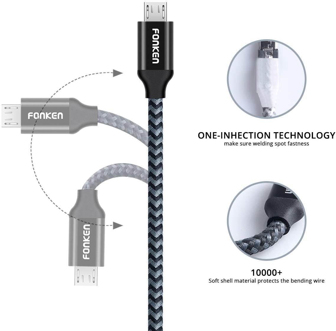 Micro USB Cable, FONKEN Android Charger Nylon Braided Quick Charge Cable [3-Pack,3.3FT] Fast Sync & Charging Cable Smartphone Charge Cable Compatible Samsung, Nexus, LG, Motorola, Sony, Kindle (Black)