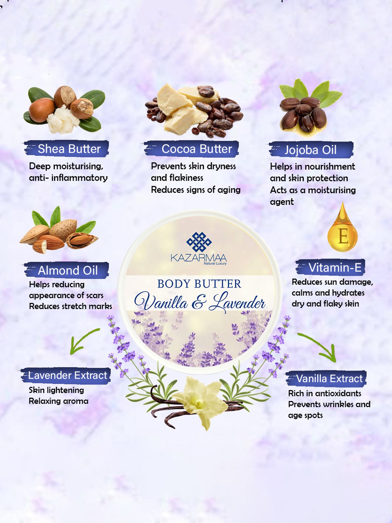 Kazarmaa Vanilla & Lavender Body Butter with Wooden Spoon - 200 gm