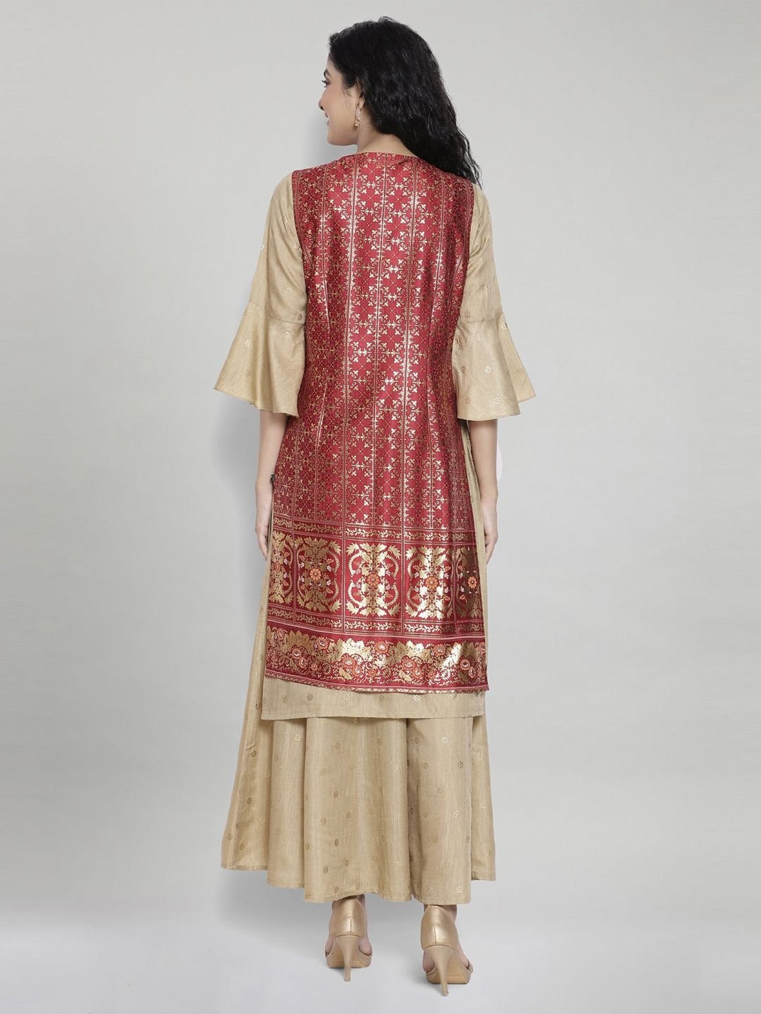 Aurelia Beige Embellished Kurta Palazzo Set With Gilet