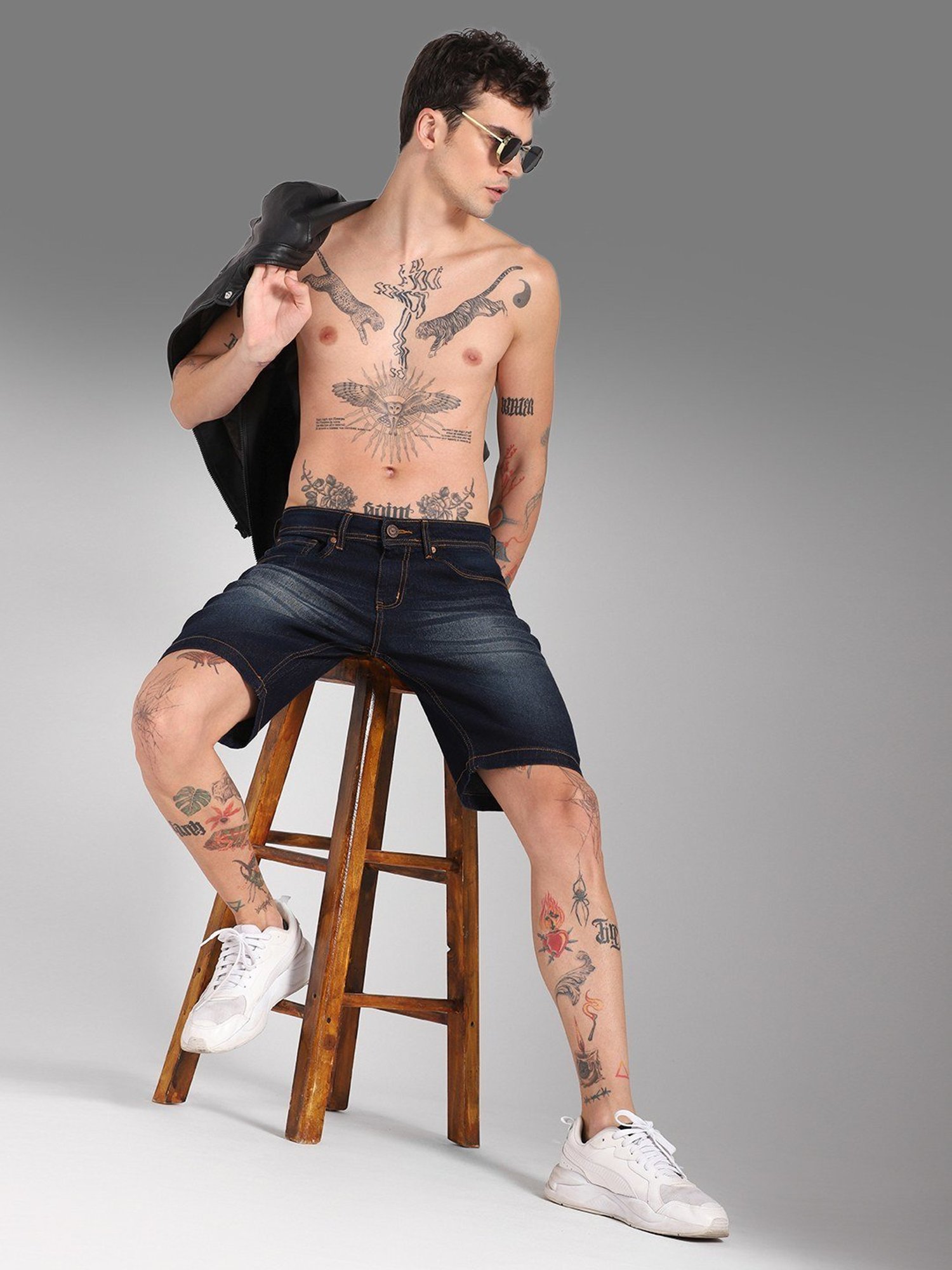 High Star Blue Cotton Regular Fit Denim Shorts