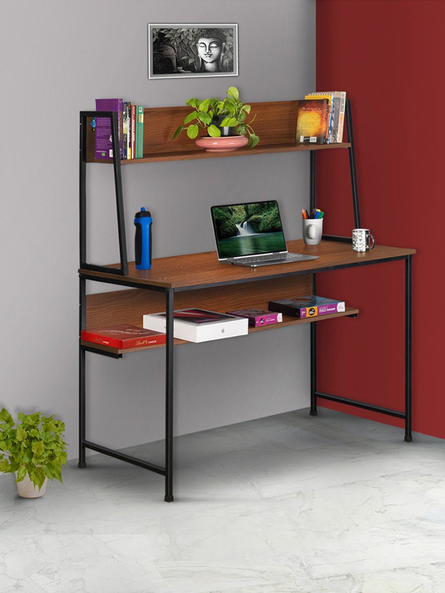 Delite Kom Ether Acacia Dark Black Metal Free Standing Study Table