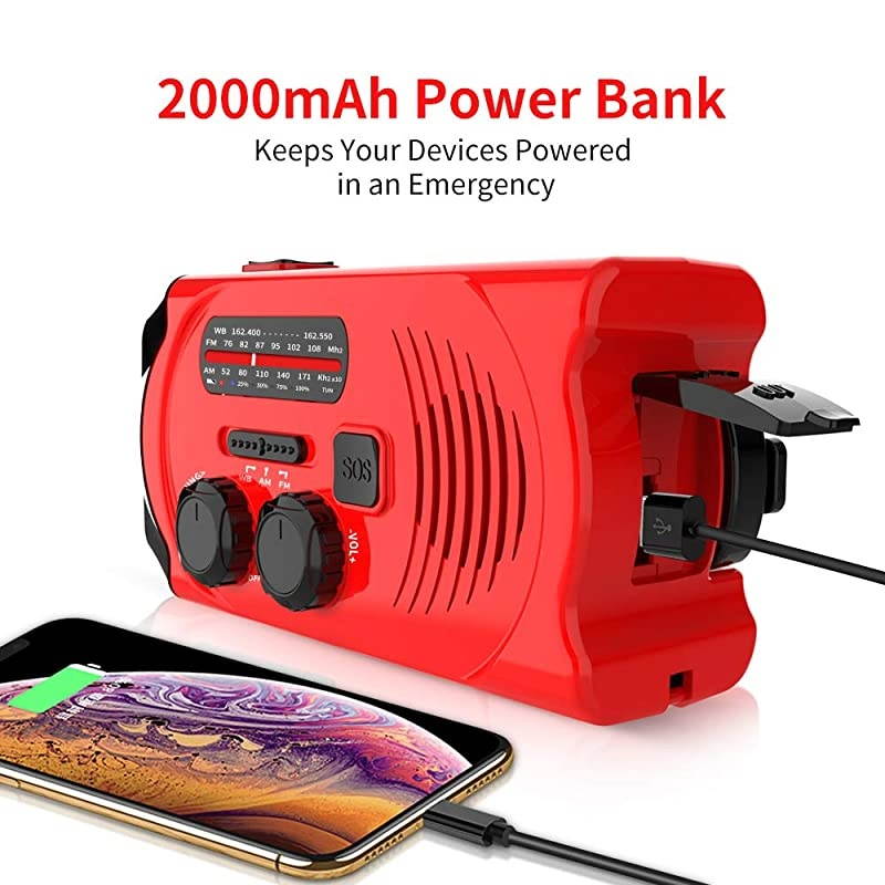 2021 Newest Version? Emergency Solar Hand Crank Radio, NOAA Weather Radio for Emergency with AM/FM, LED Flashlight, 2000mAh Power Bank and SOS Alarm,USB Mobile Phone Charger(Red)