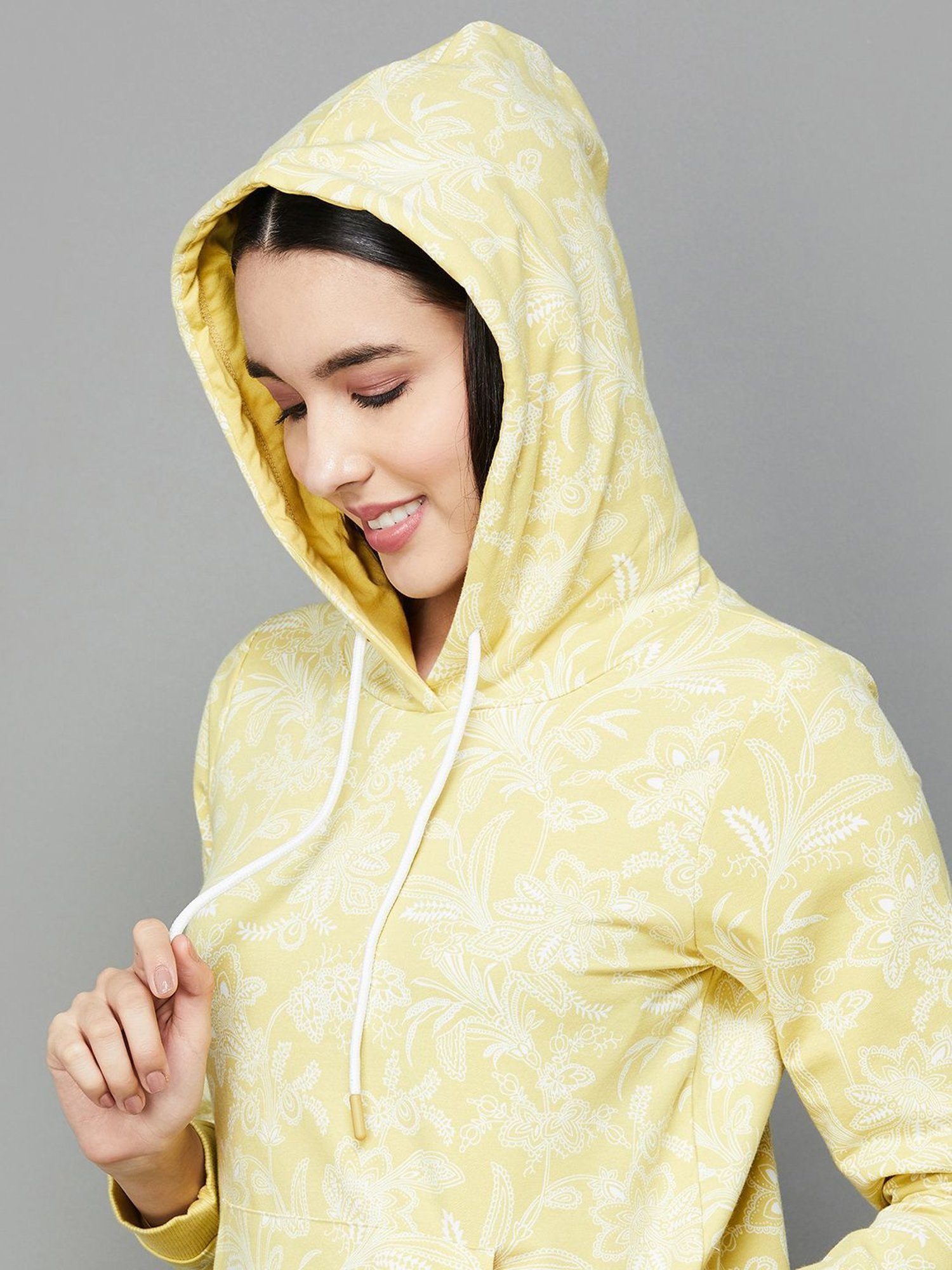 Colour Me by Melange Yellow Cotton Floral Print Hoodie