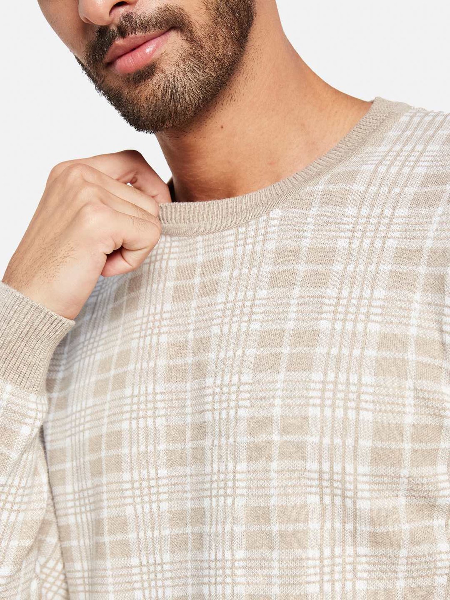 METTLE Khaki Cotton Regular Fit Checks Sweater