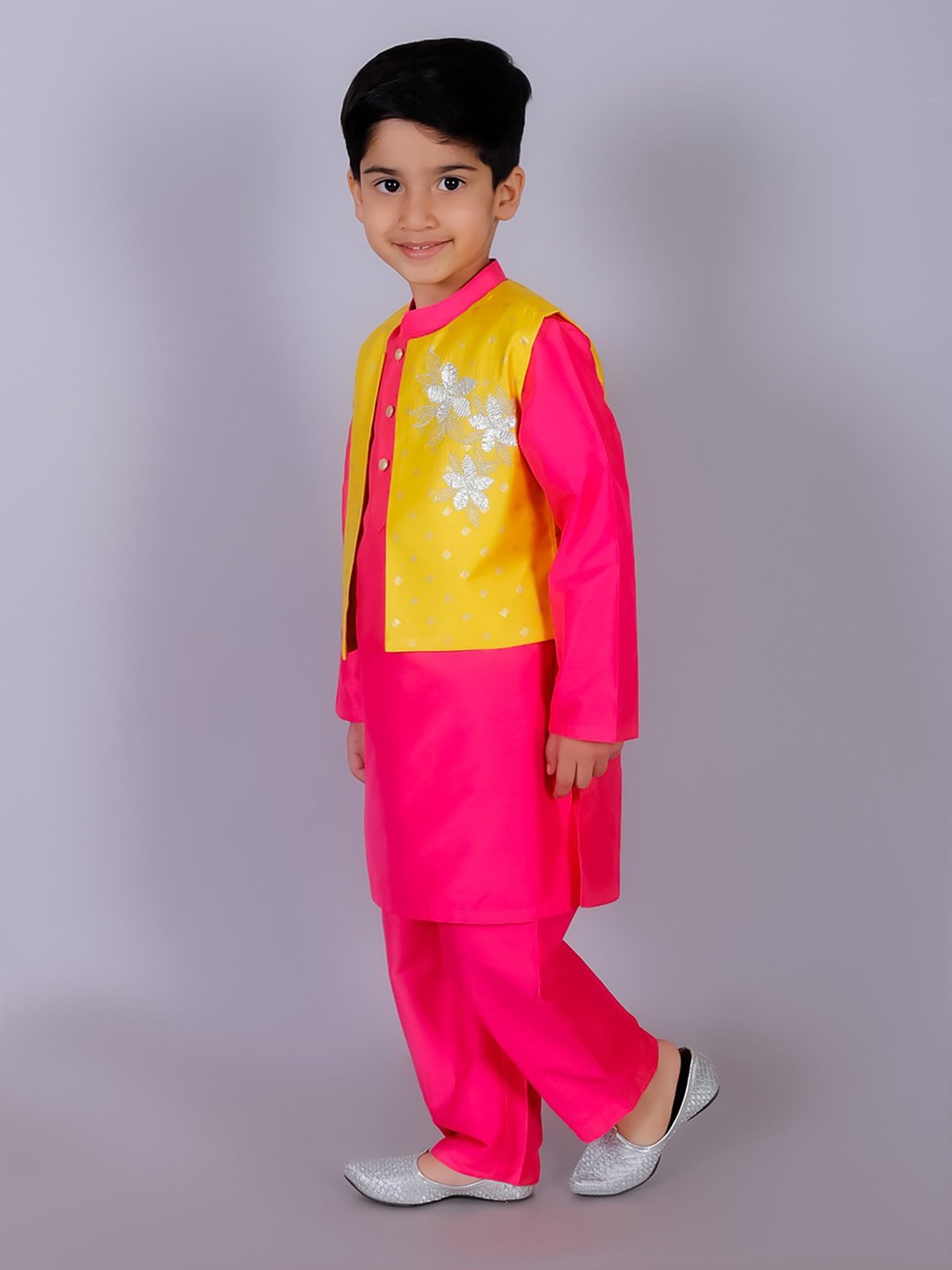 Lil Drama Kids Pink & Yellow Embroidered Full Sleeves Kurta, Pants with Jacket