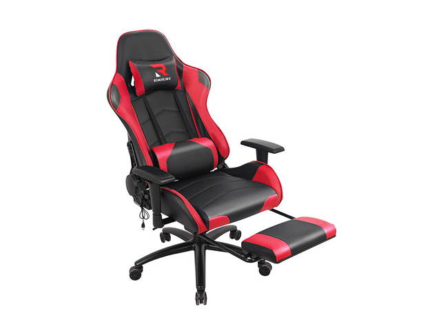 RIMIKINGMassage Gaming Chair with Retractable Footrest-Adjustable Lumbar Cushion Computer Office Racing Chair Headrest Swivel Rocking Desk Chair Ergonomic