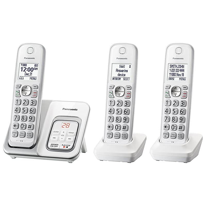 Expandable Cordless Phone System with Answering Machine and Call Block - 3 Cordless Handsets - KX-TGD533W (White/Silver)