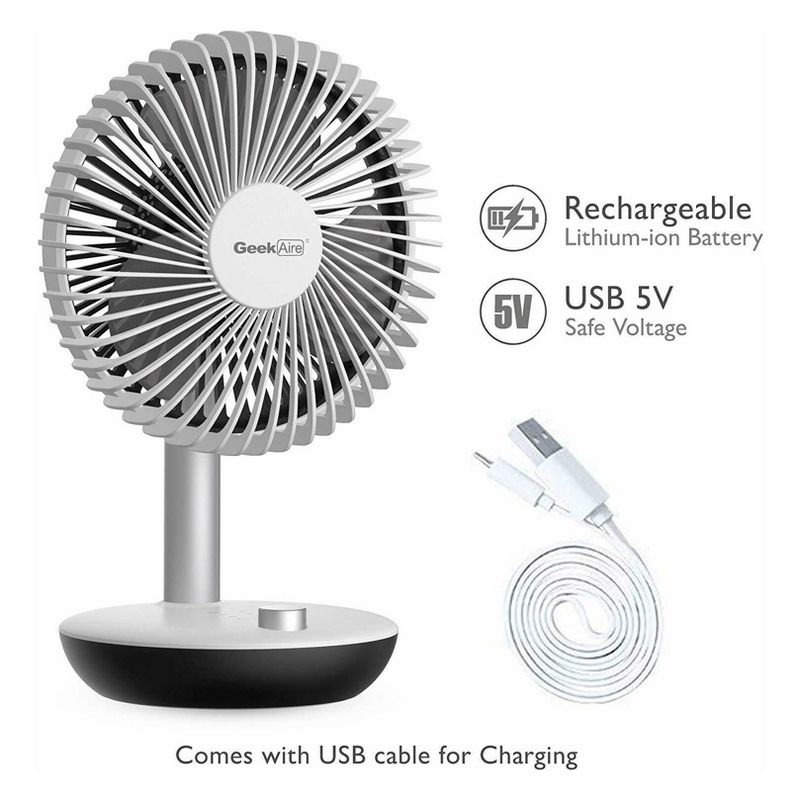 Geek Aire GF5 Rechargeable Oscillating Personal Portable Mini Small Silent Operation Table Desk Fan, White