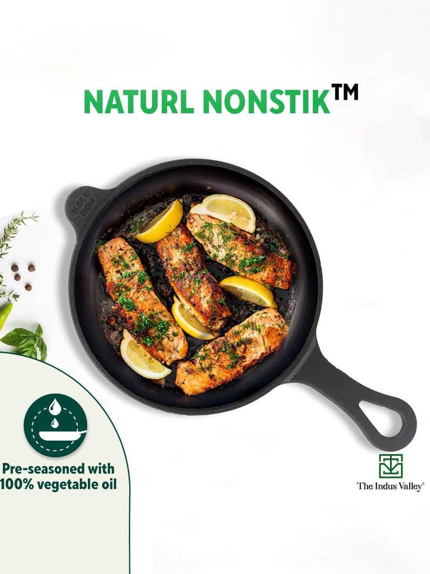 The Indus Valley Black Cast Iron Shallow Fry Pan with Long Loop Handle (25cm)