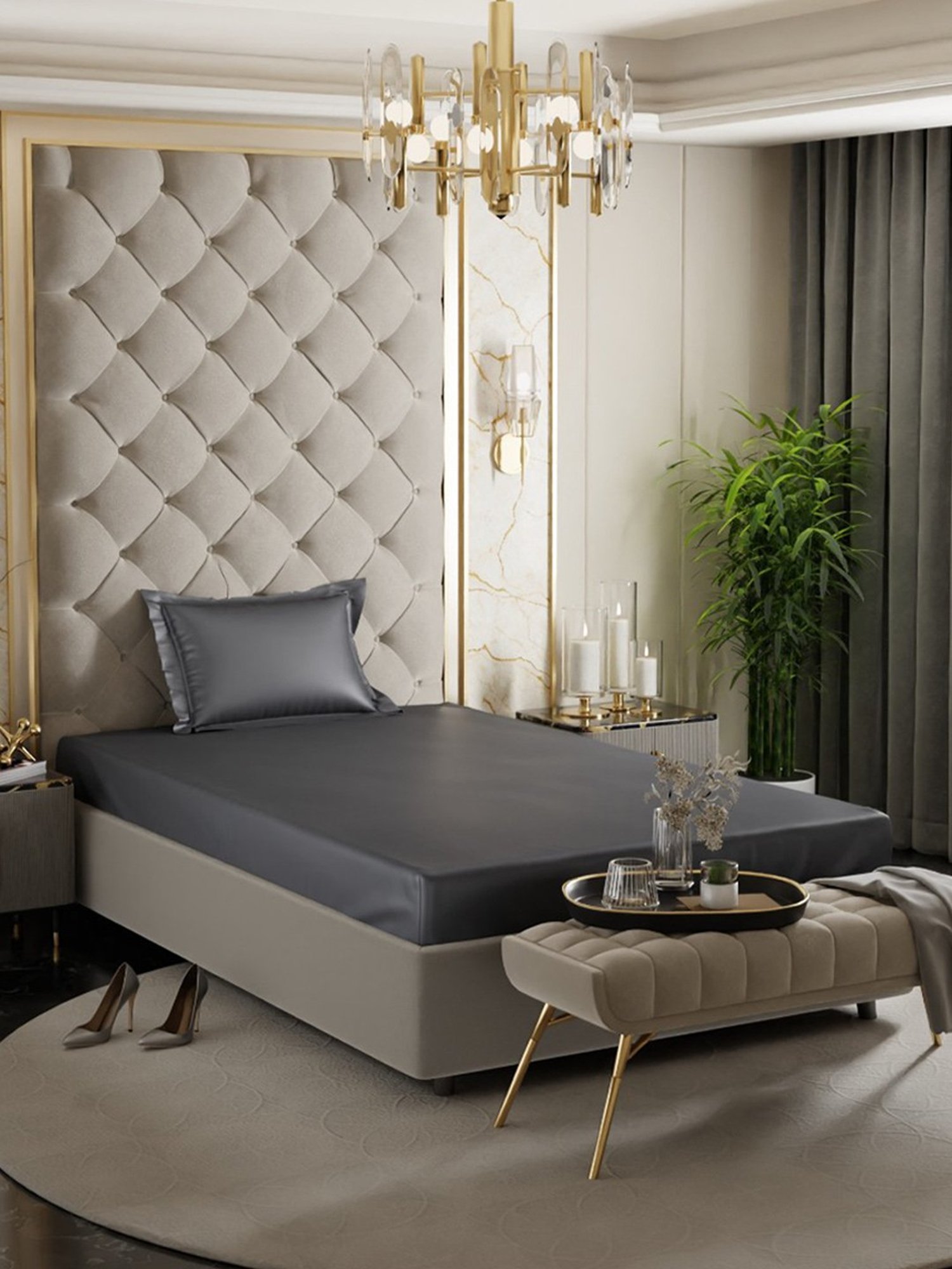 Stoa Paris Charcoal Grey 300 TC Polyester Single Fitted Sheet with 1 Pillow Cover