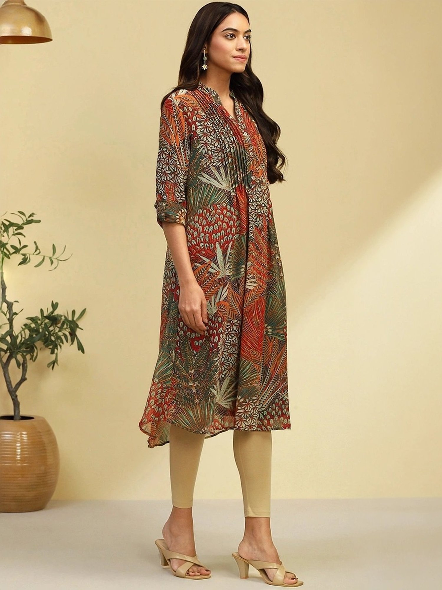 Biba Green & Orange Printed A Line Kurta