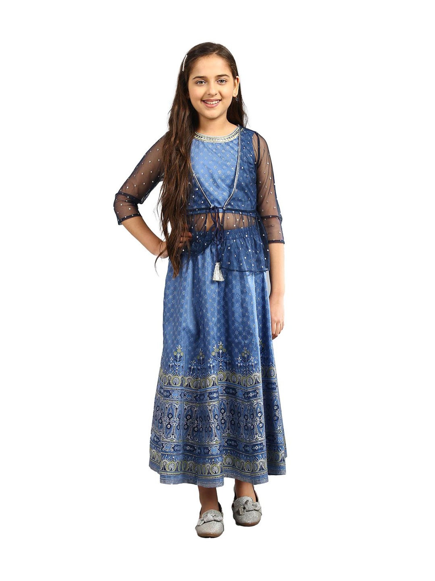 Aurelia Kids Blue Embellished Top, Skirt with Shrug