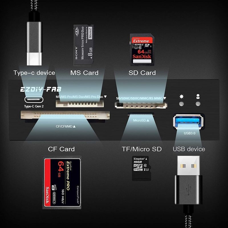 EZDIY-FAB PC Front Panel Internal Card Reader USB HUB, USB 3.1 Gen2 Type-C Port,USB 3.0 Support SD MS XD CF TF Card for Computer, Fits Any 3.5" Computer Case Front Bay