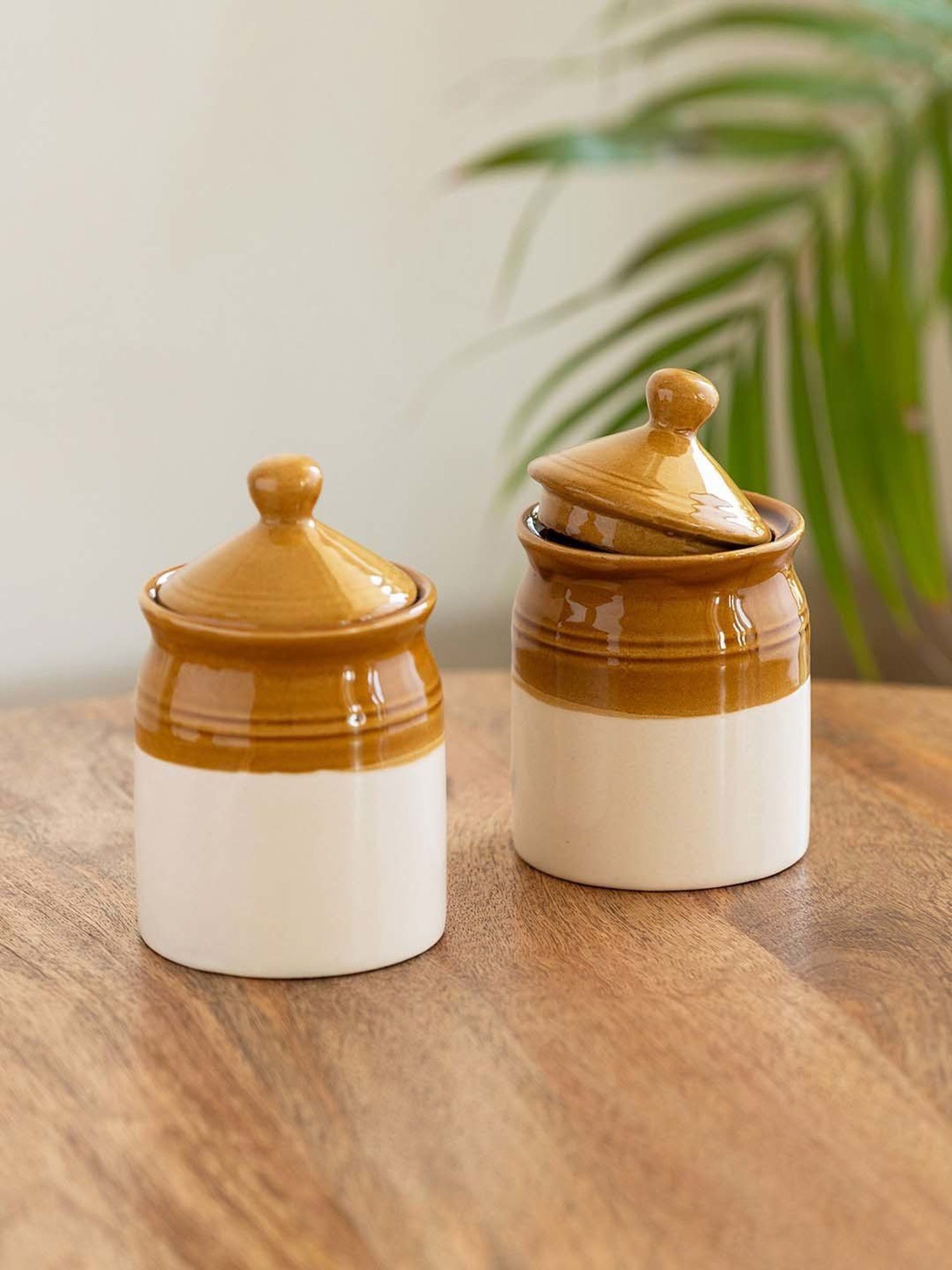 ExclusiveLane Brown & White Ceramic Old Martaban Pickle & Chutney Jar - Set of 2